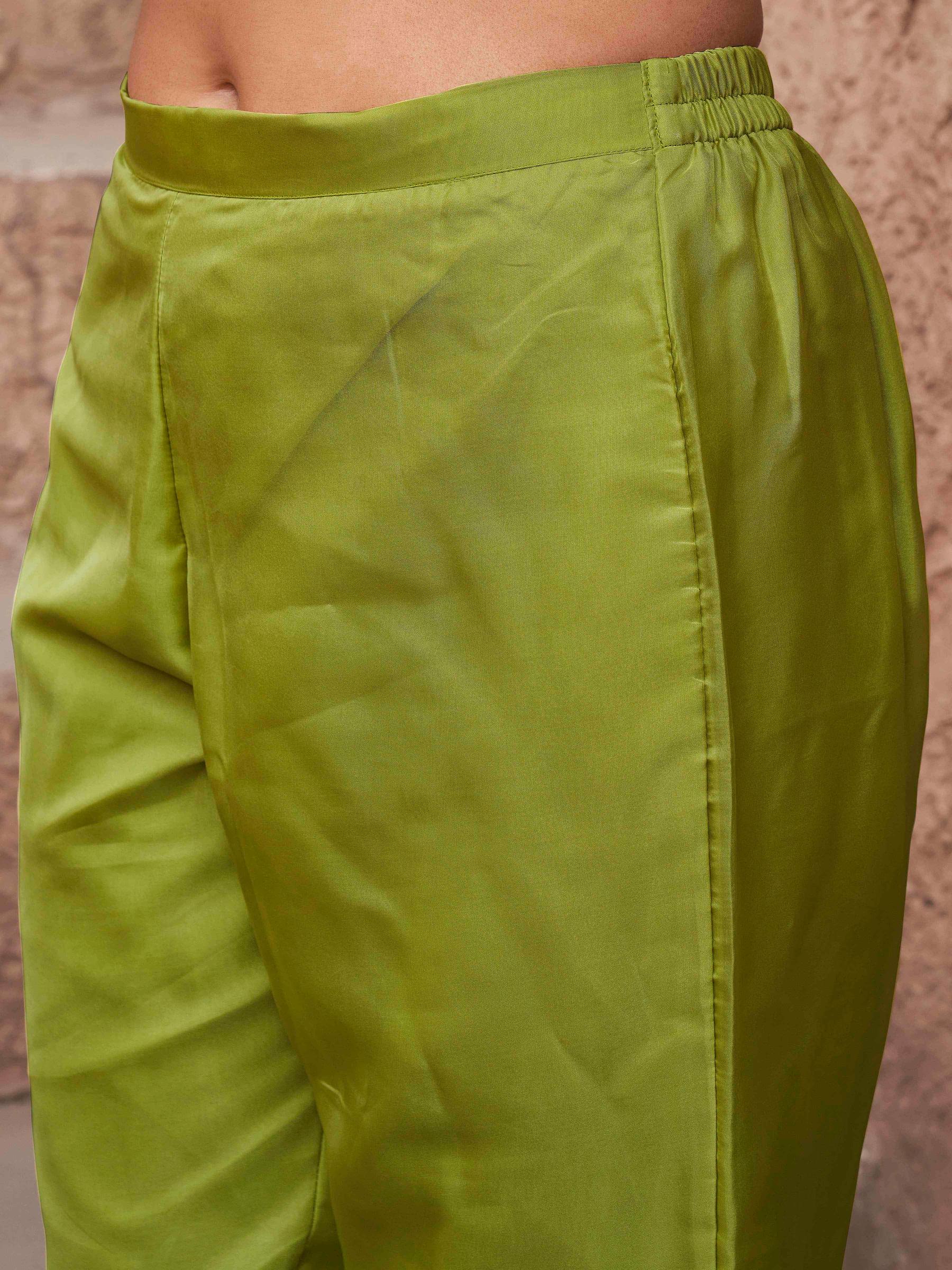 Lime Green Organza With Multi-color Embroidered A-Line Kurta Set