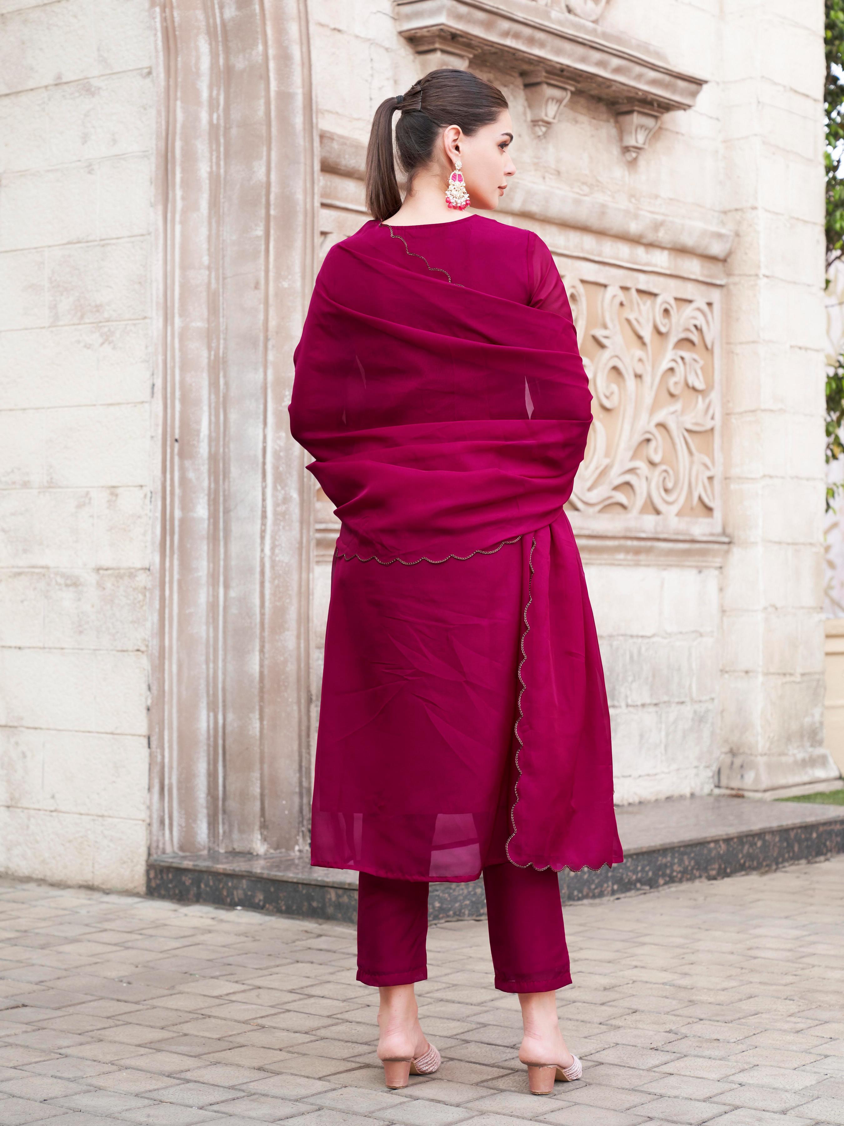 Fuchsia Organza With Multi-color Embroidered A-Line Kurta Set