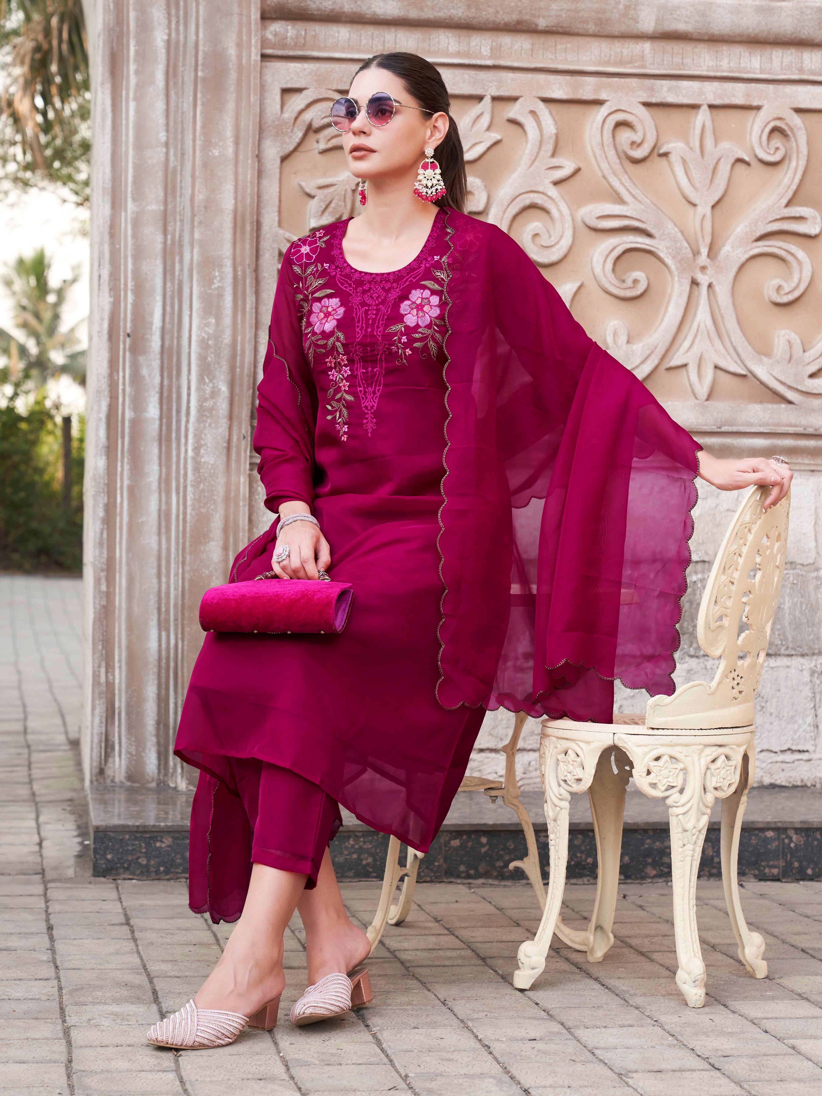 Fuchsia Organza With Multi-color Embroidered A-Line Kurta Set