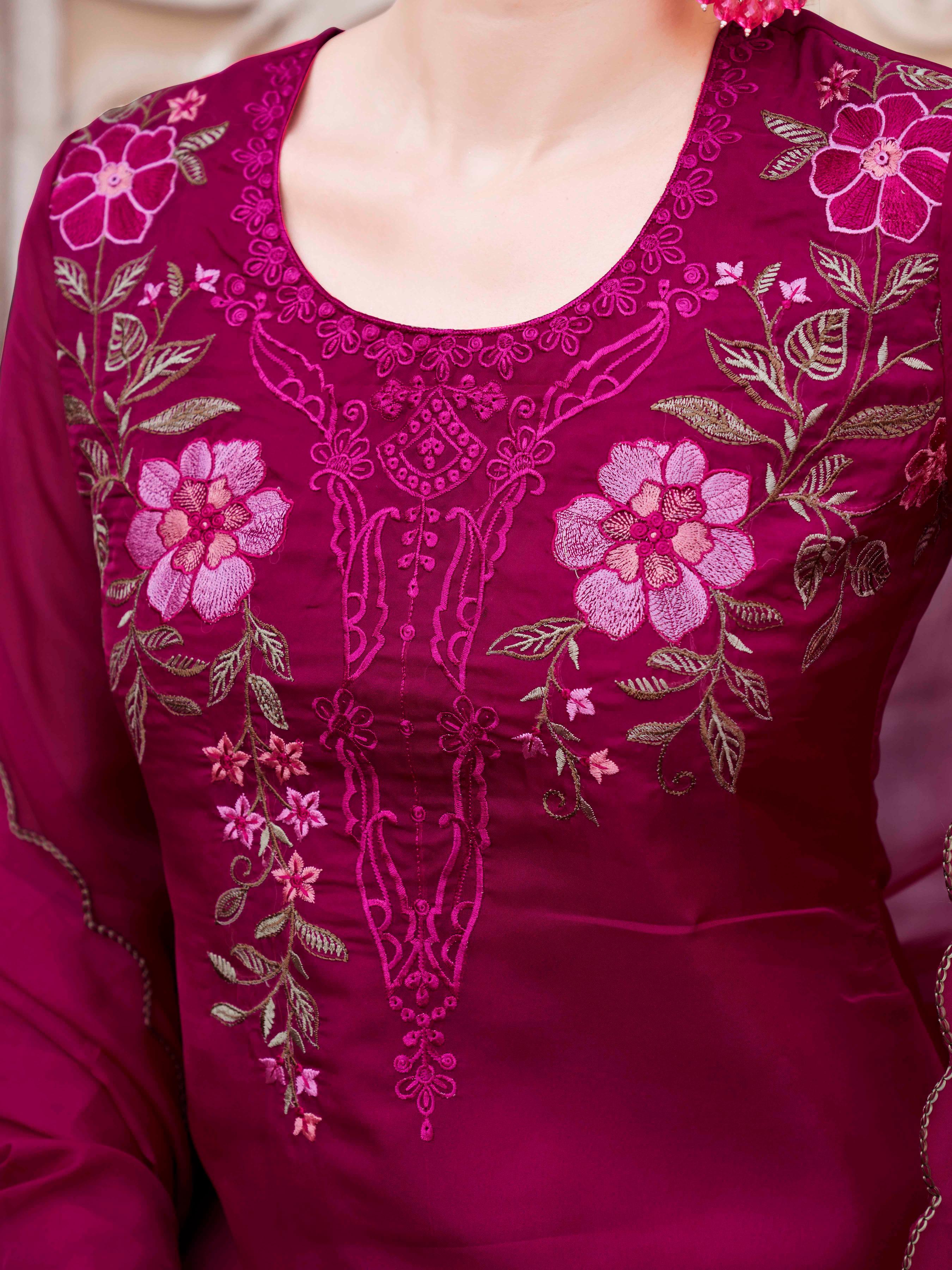 Fuchsia Organza With Multi-color Embroidered A-Line Kurta Set