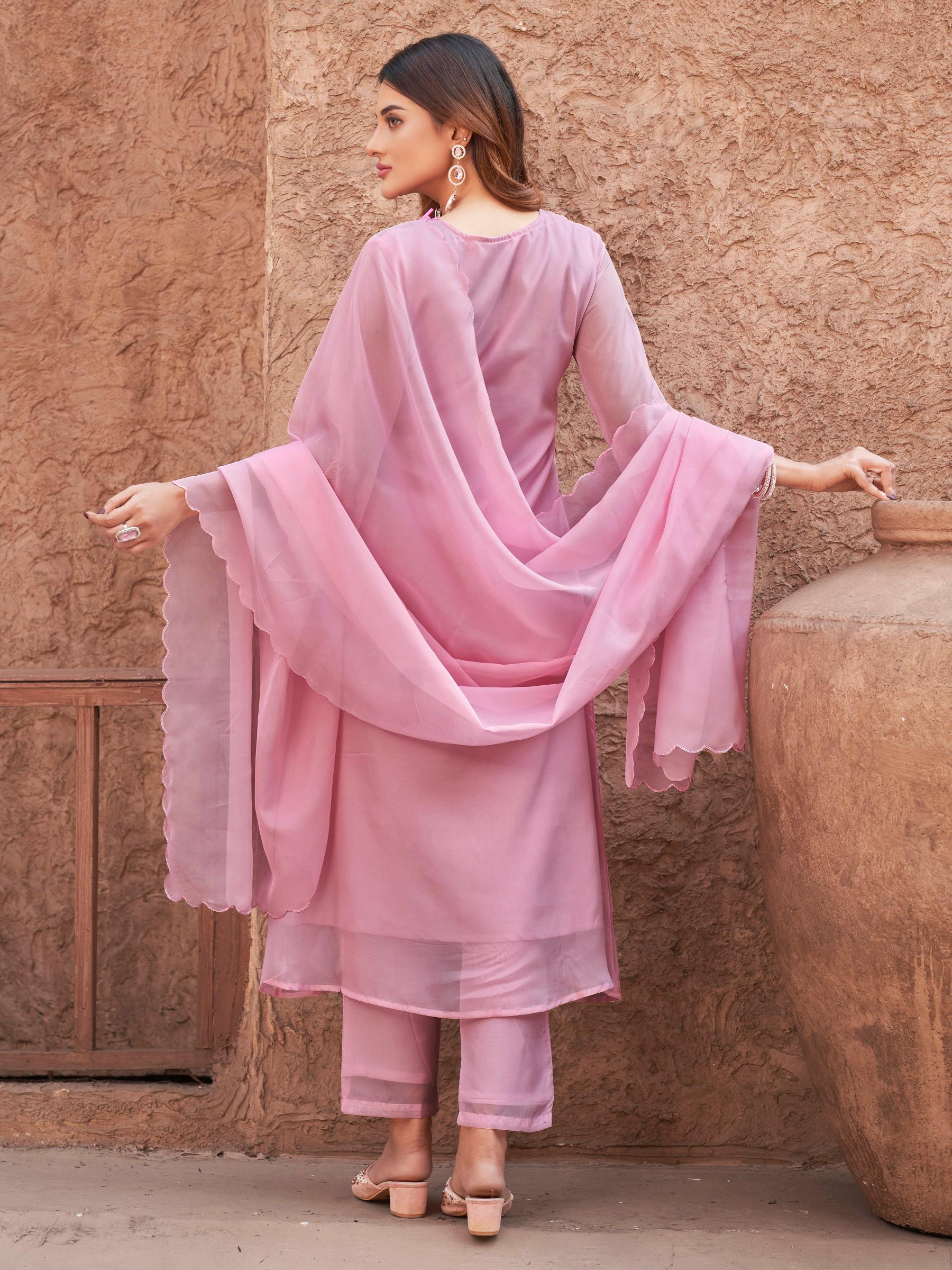 Baby Pink Organza With Contrast Embroidered A-Line Kurta Set