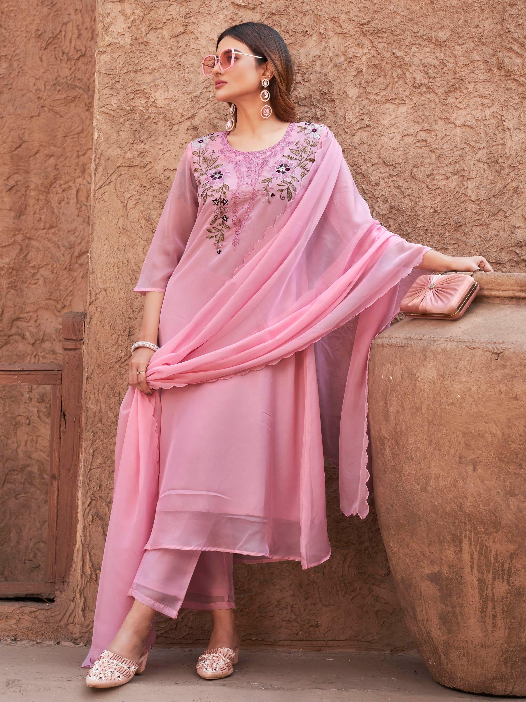 Baby Pink Organza With Contrast Embroidered A-Line Kurta Set