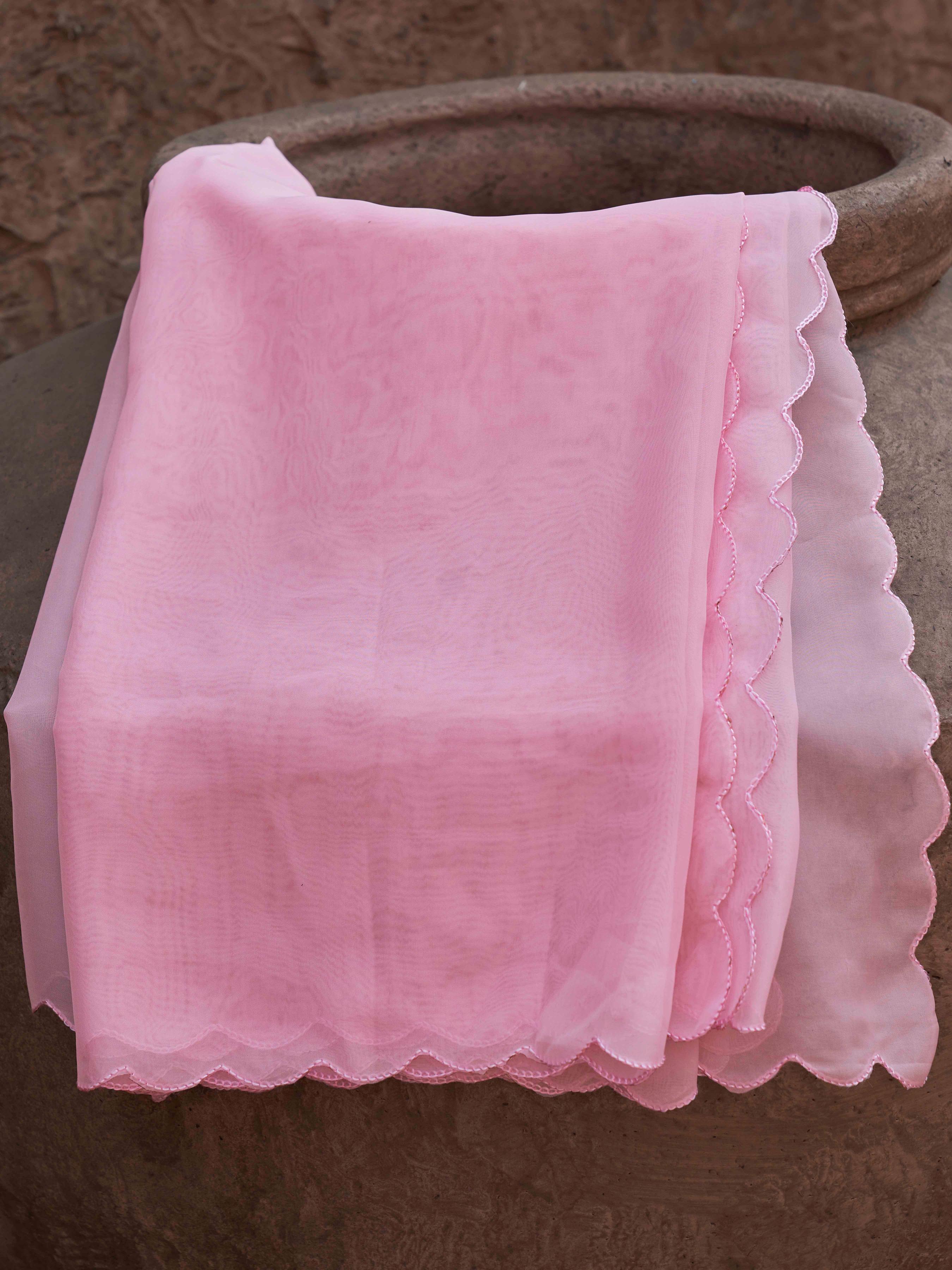 Baby Pink Organza With Contrast Embroidered A-Line Kurta Set