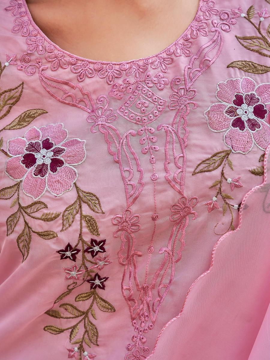 Baby Pink Organza With Contrast Embroidered A-Line Kurta Set
