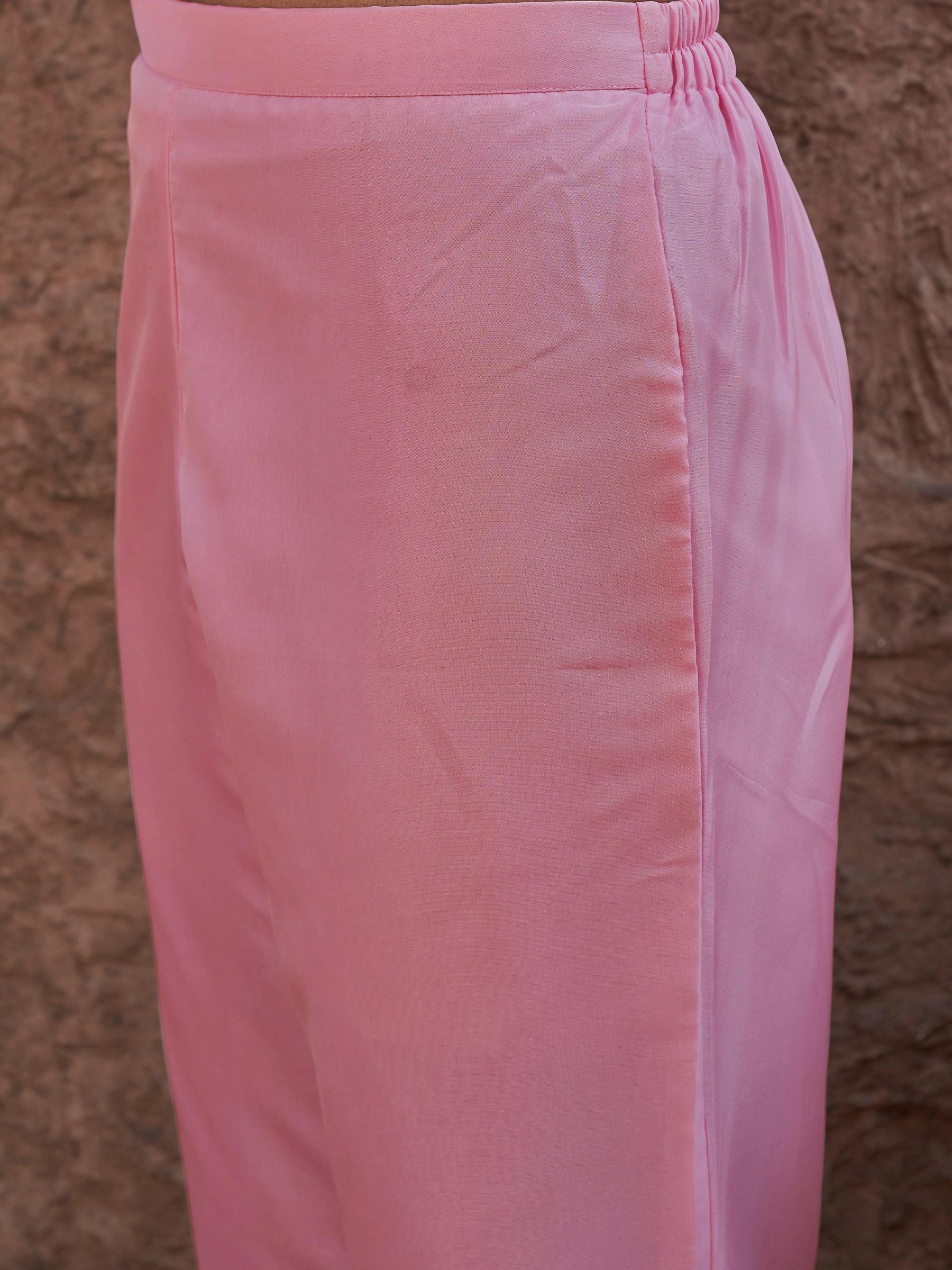 Baby Pink Organza With Contrast Embroidered A-Line Kurta Set