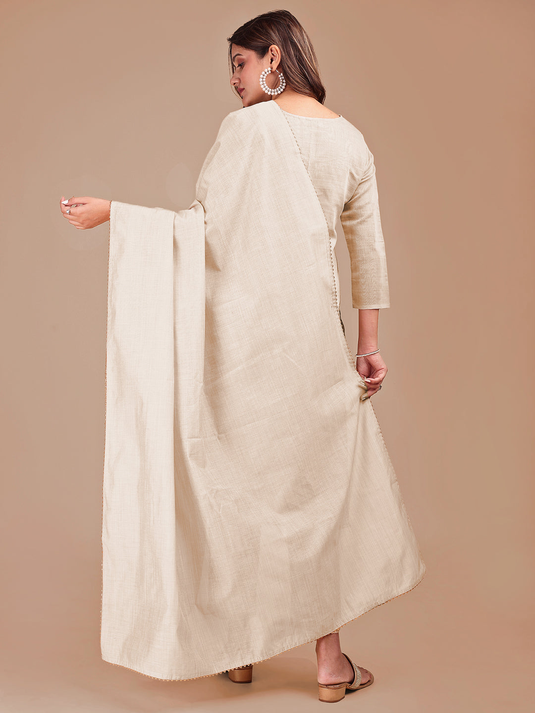 Off White Stylized Weaving Pattern Kurta Set