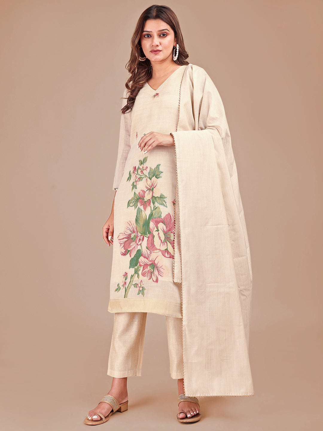 Off White Stylized Weaving Pattern Kurta Set