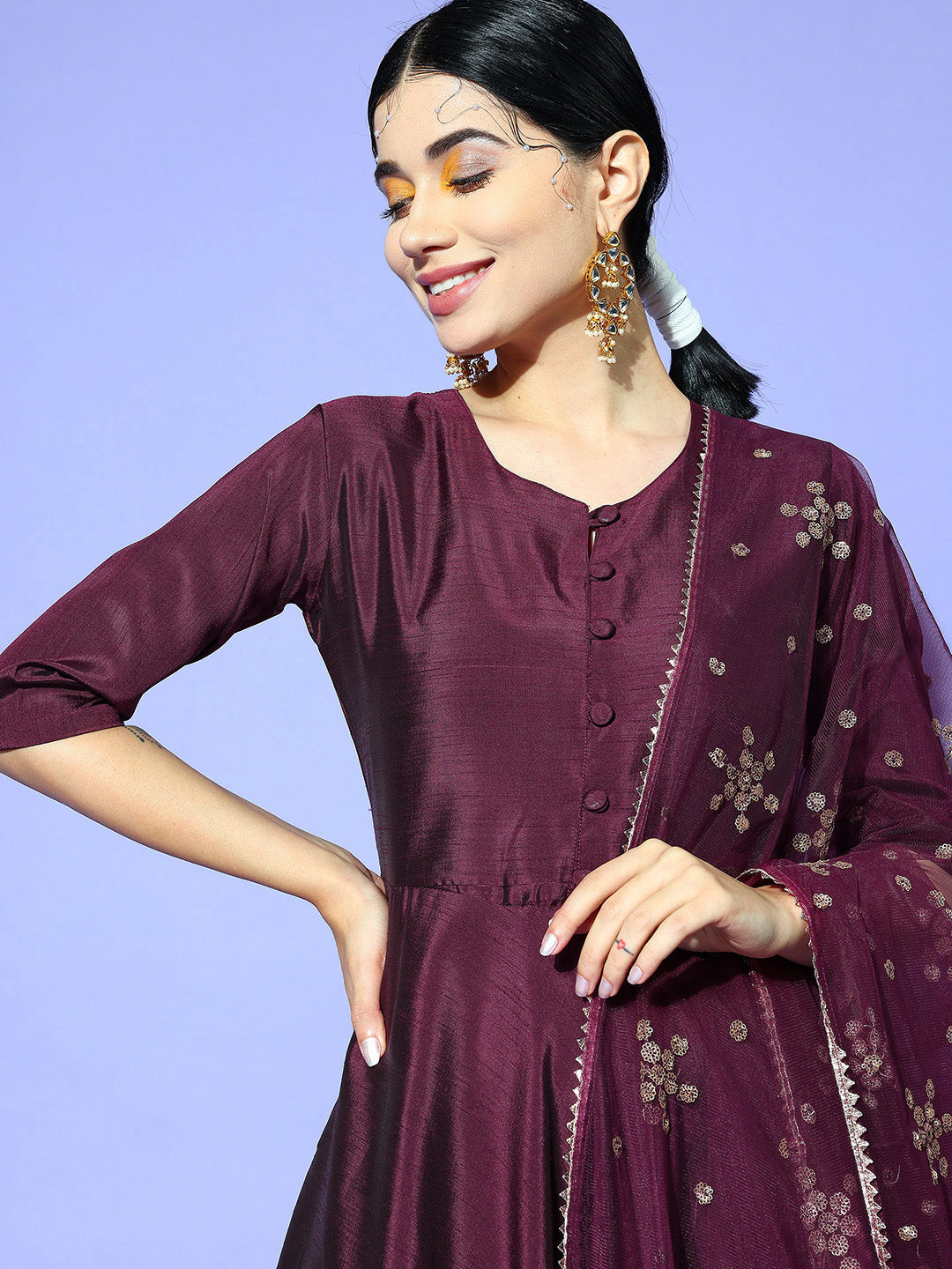 Women Burgundy Kurta with Trousers & With Dupatta
