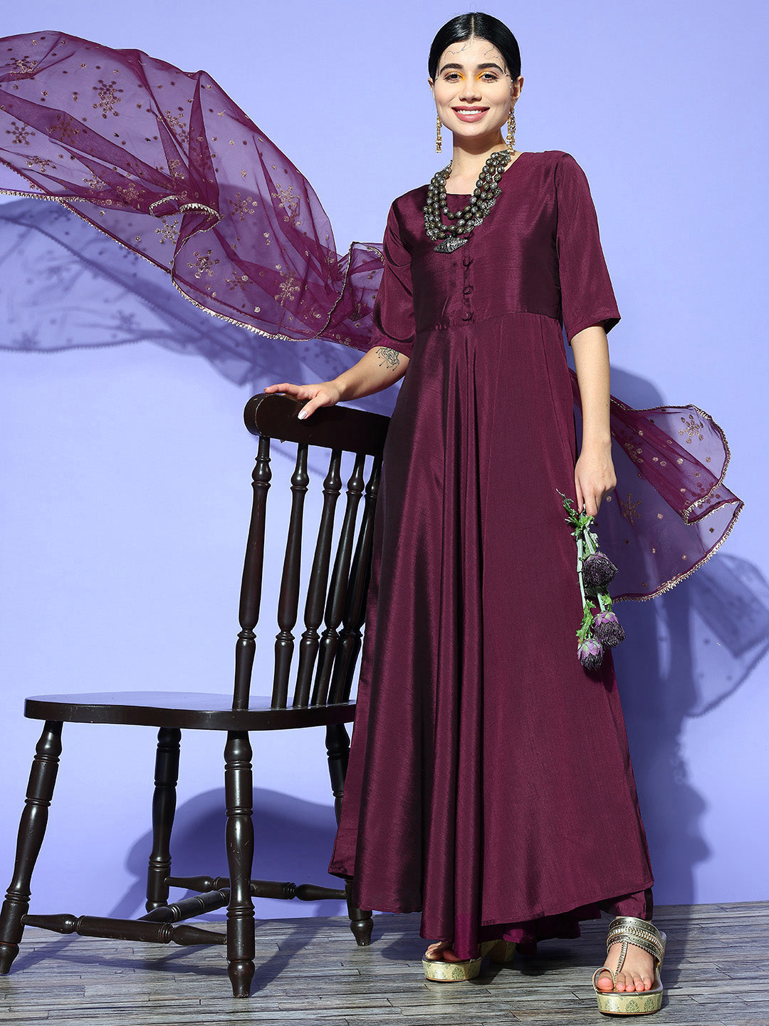 Women Burgundy Kurta with Trousers & With Dupatta