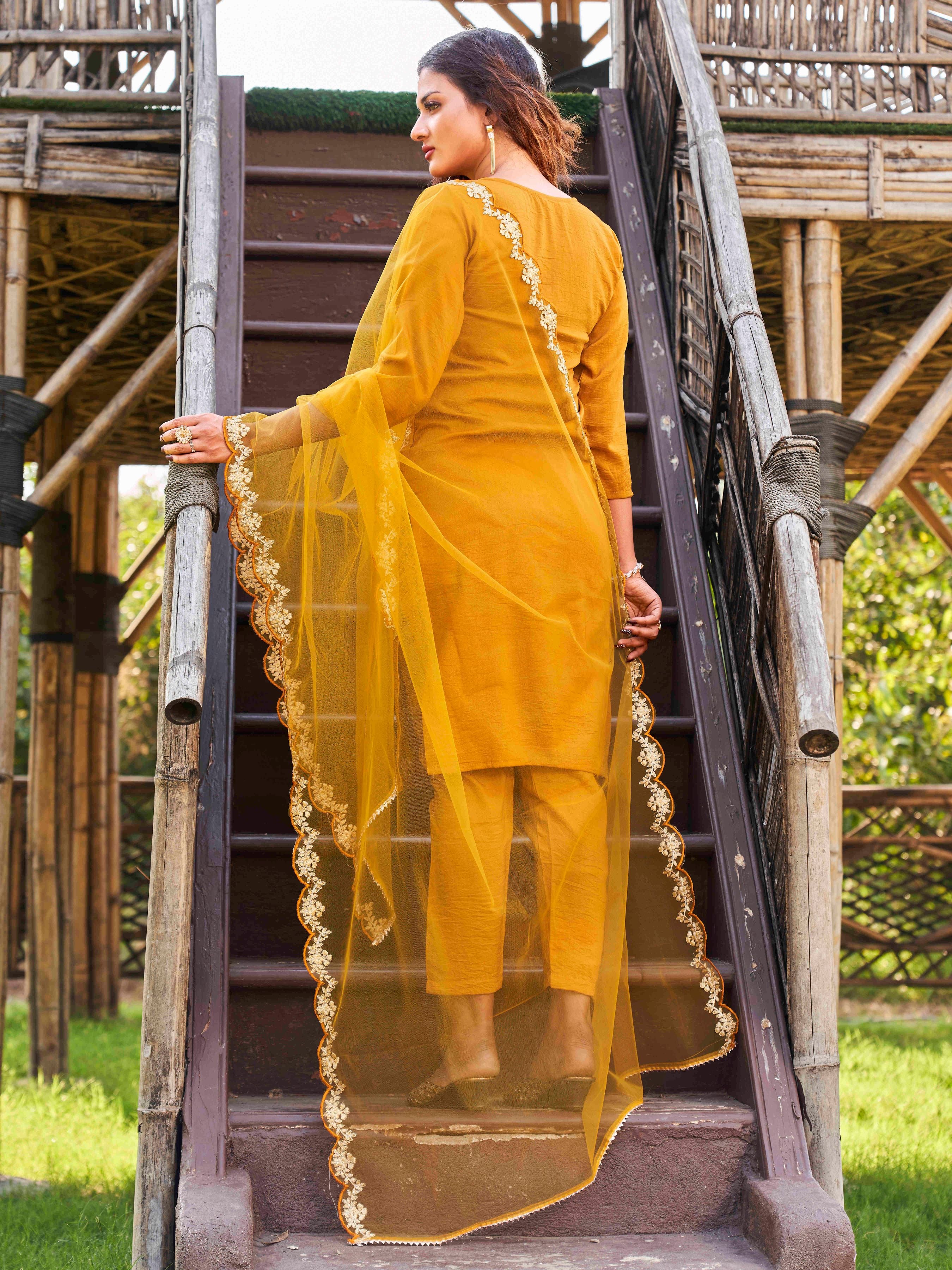 Embroidered Notched Neck Thread Work Kurta With Trousers & Dupatta