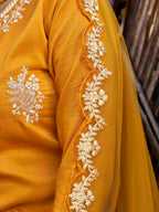 Embroidered Notched Neck Thread Work Kurta With Trousers & Dupatta
