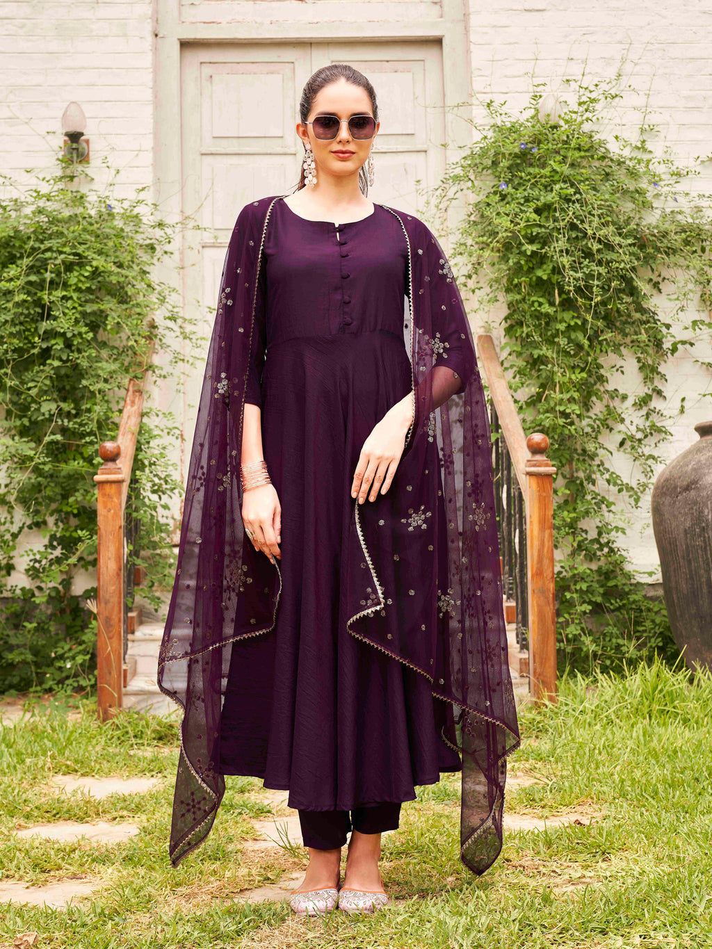 Burgundy Poly Crepe Solid Flared Kurta Set