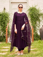 Burgundy Poly Crepe Solid Flared Kurta Set