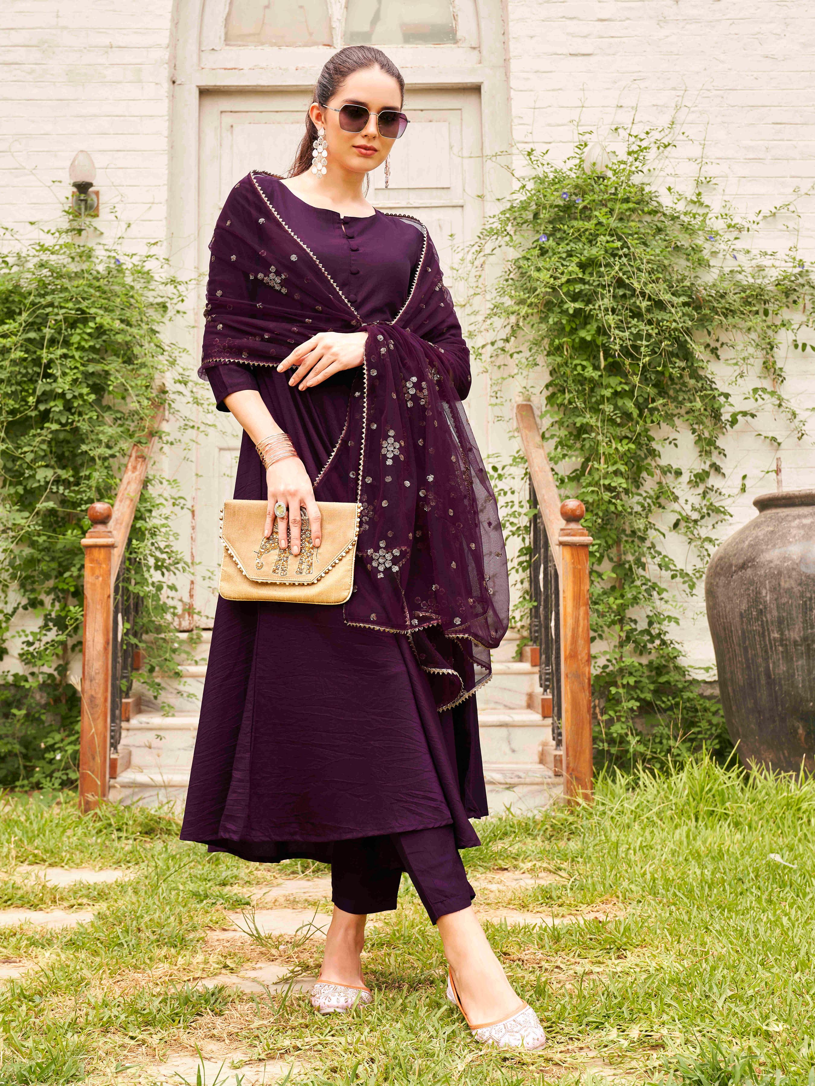 Burgundy Poly Crepe Solid Flared Kurta Set