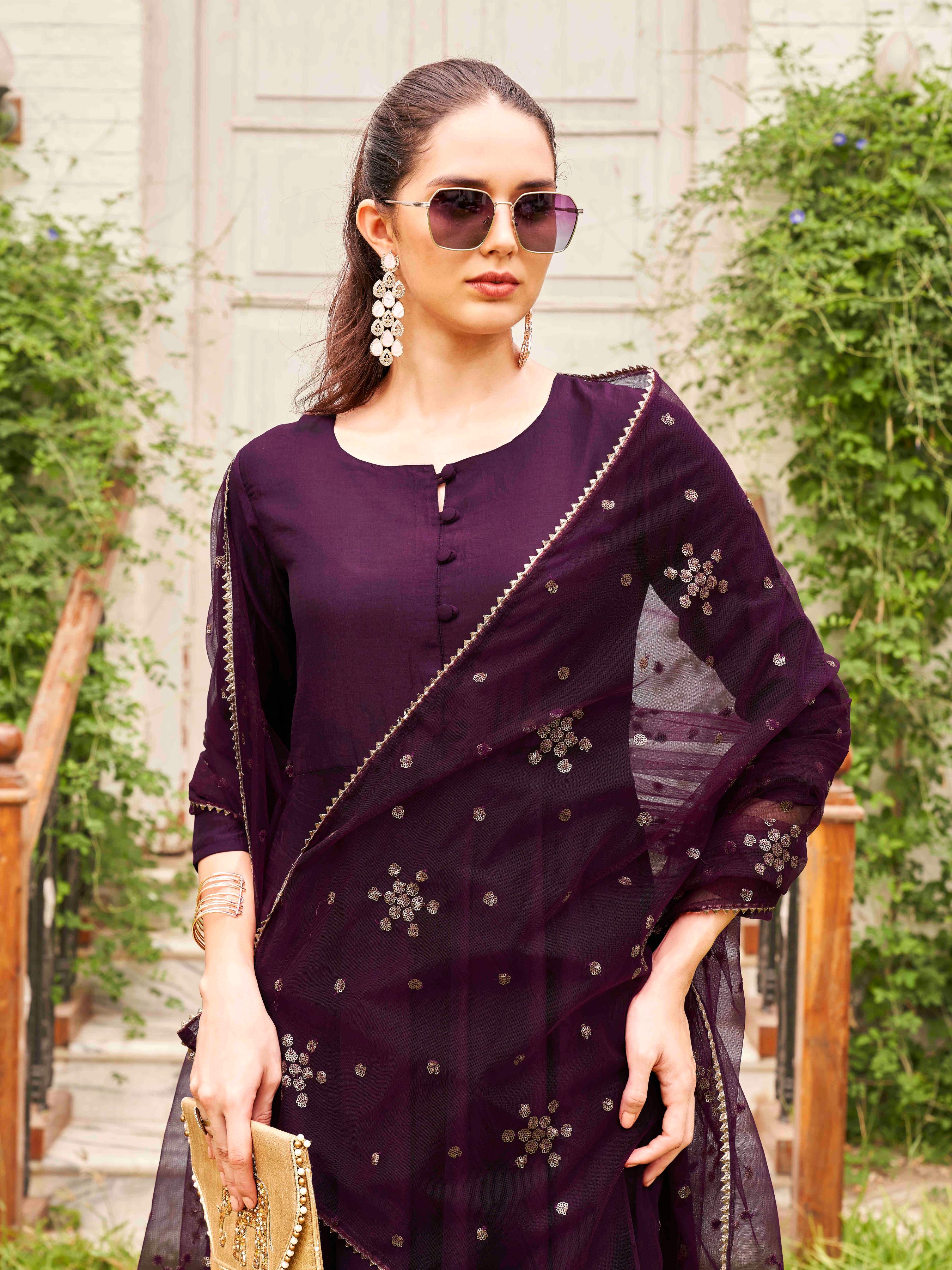 Burgundy Poly Crepe Solid Flared Kurta Set