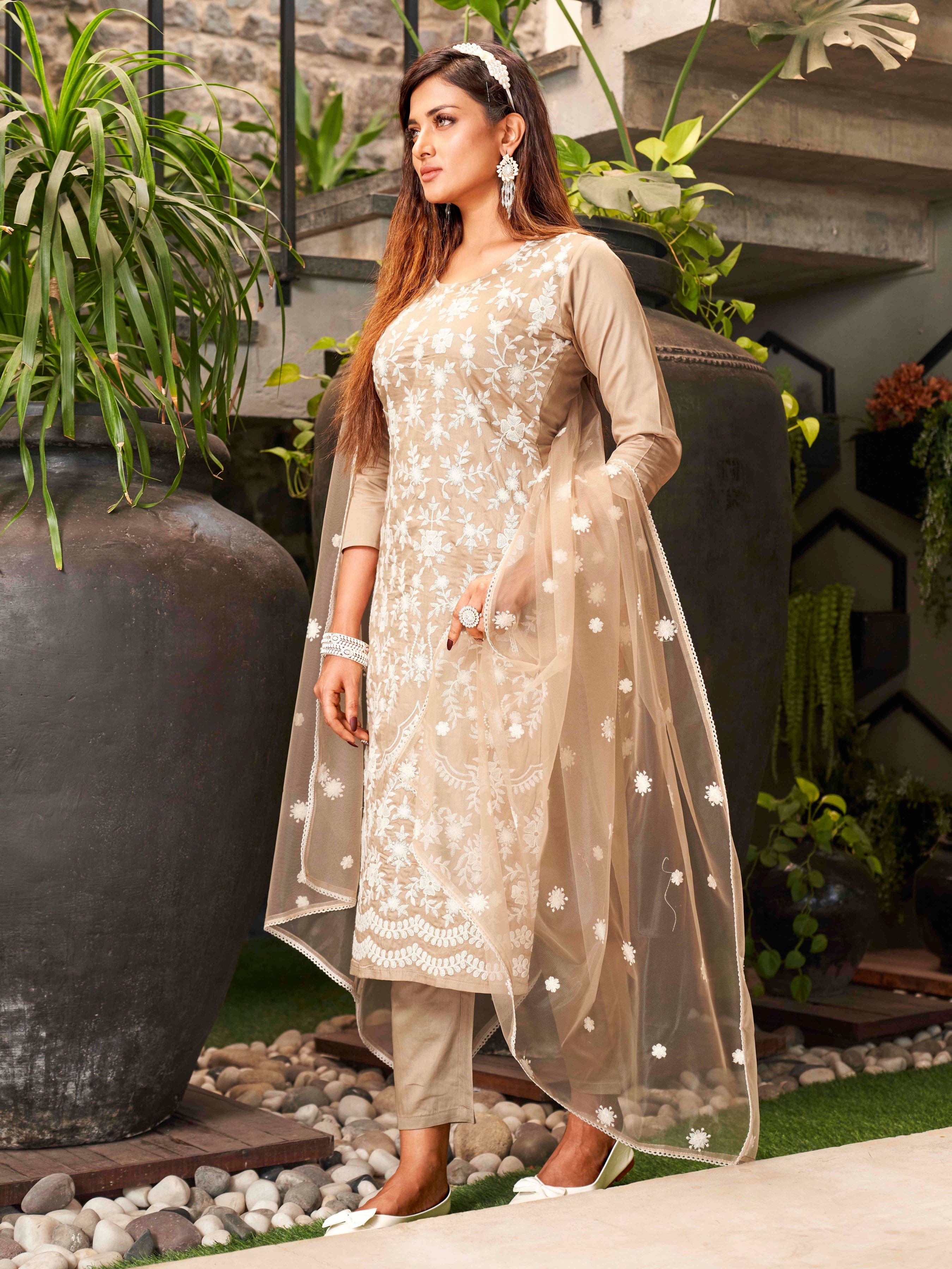 Floral Embroidered Chikankari Pure Cotton Kurta with Trousers & Dupatta