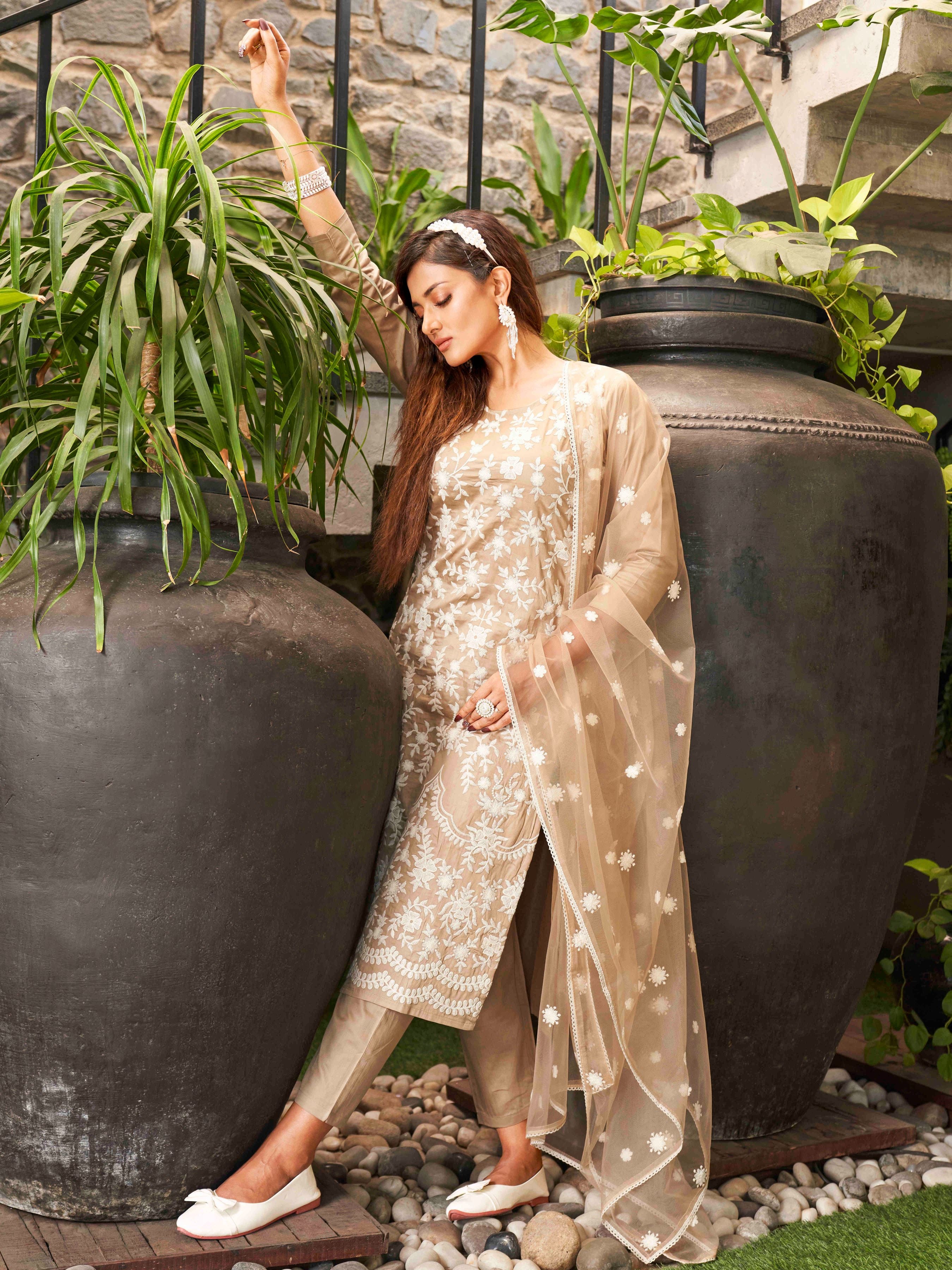 Floral Embroidered Chikankari Pure Cotton Kurta with Trousers & Dupatta