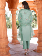 Sea Green Floral Embroidered Regular Pure Cotton Kurta & Trousers With Dupatta