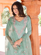 Sea Green Floral Embroidered Regular Pure Cotton Kurta & Trousers With Dupatta