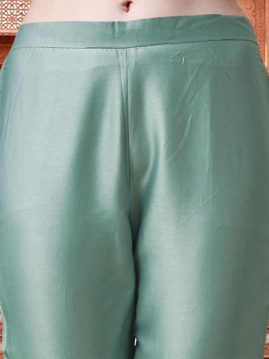 Sea Green Floral Embroidered Regular Pure Cotton Kurta & Trousers With Dupatta