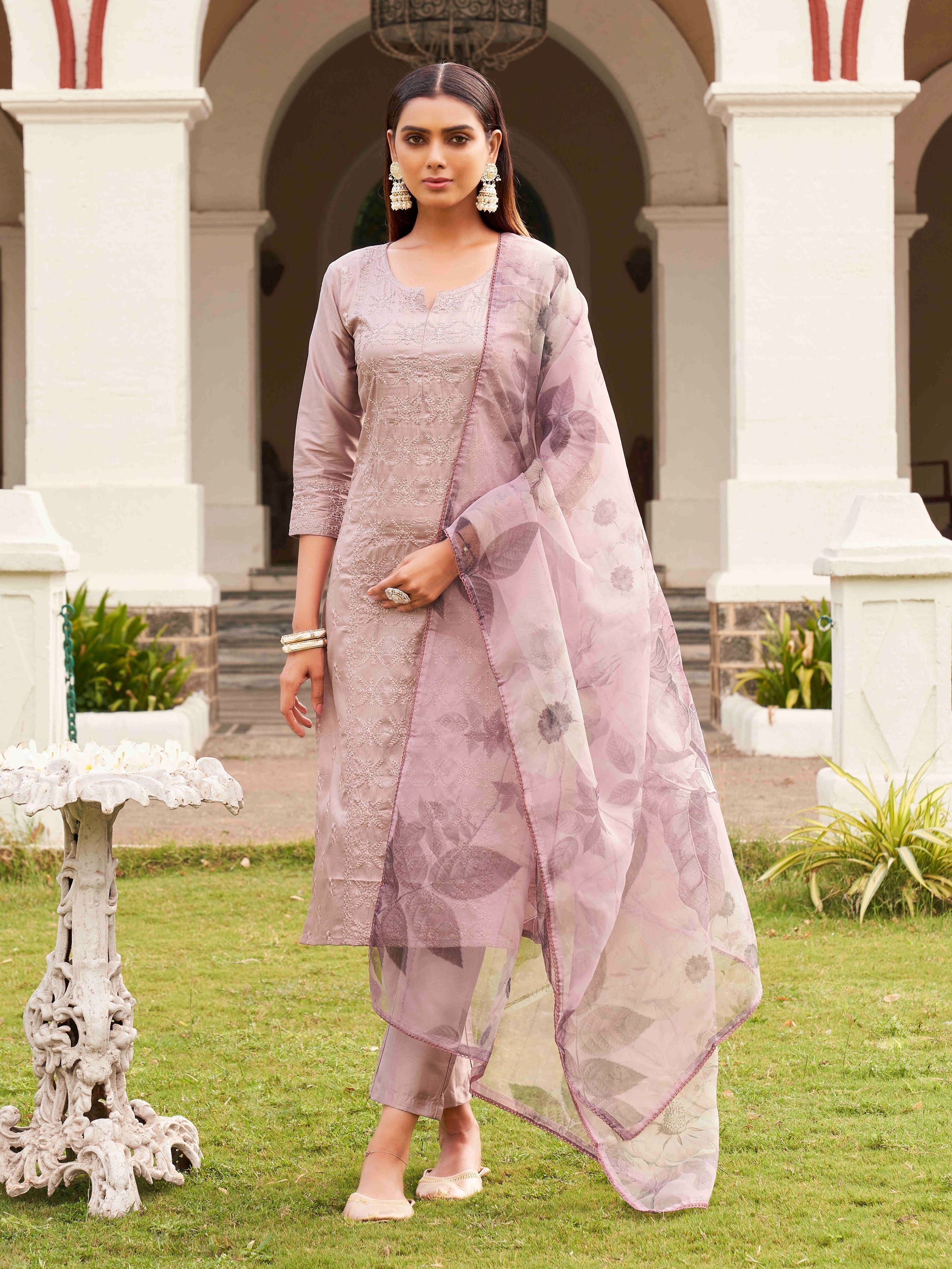 Floral Embroidered Pure Cotton Kurta With Trousers & Dupatta