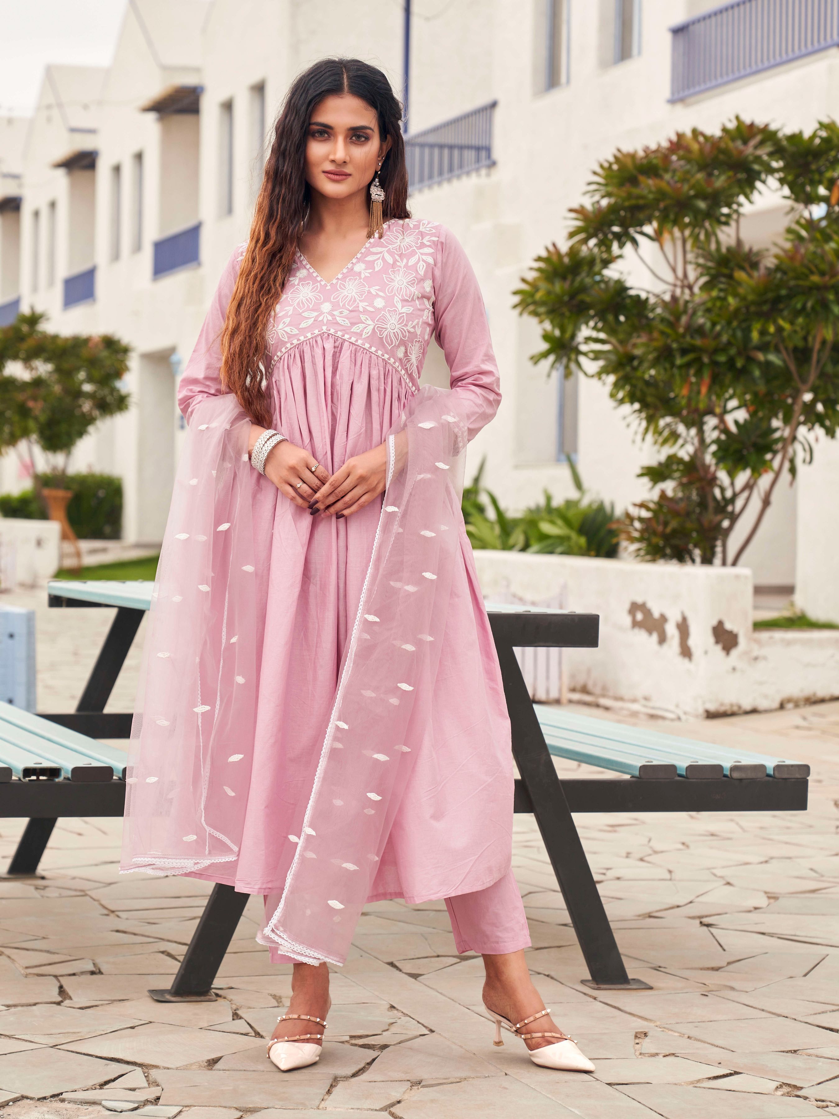 Embroidered Empire Pure Cotton Kurta With Trousers & Dupatta