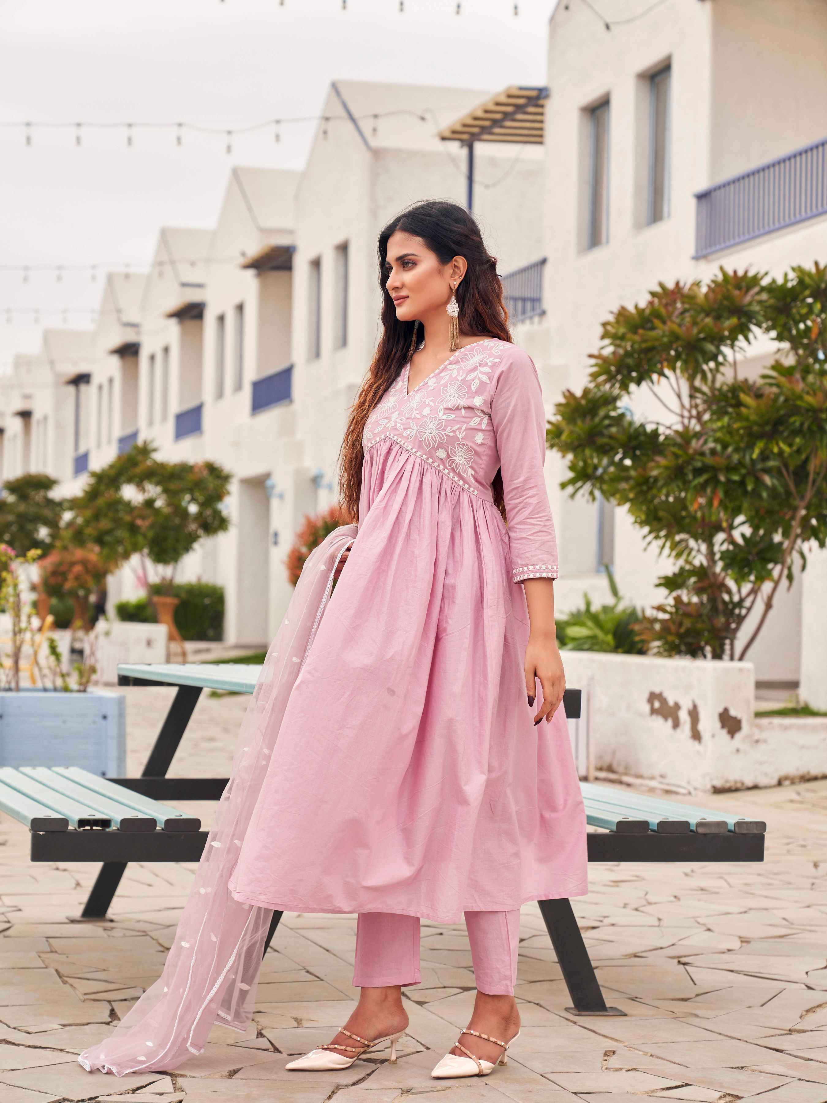 Embroidered Empire Pure Cotton Kurta With Trousers & Dupatta