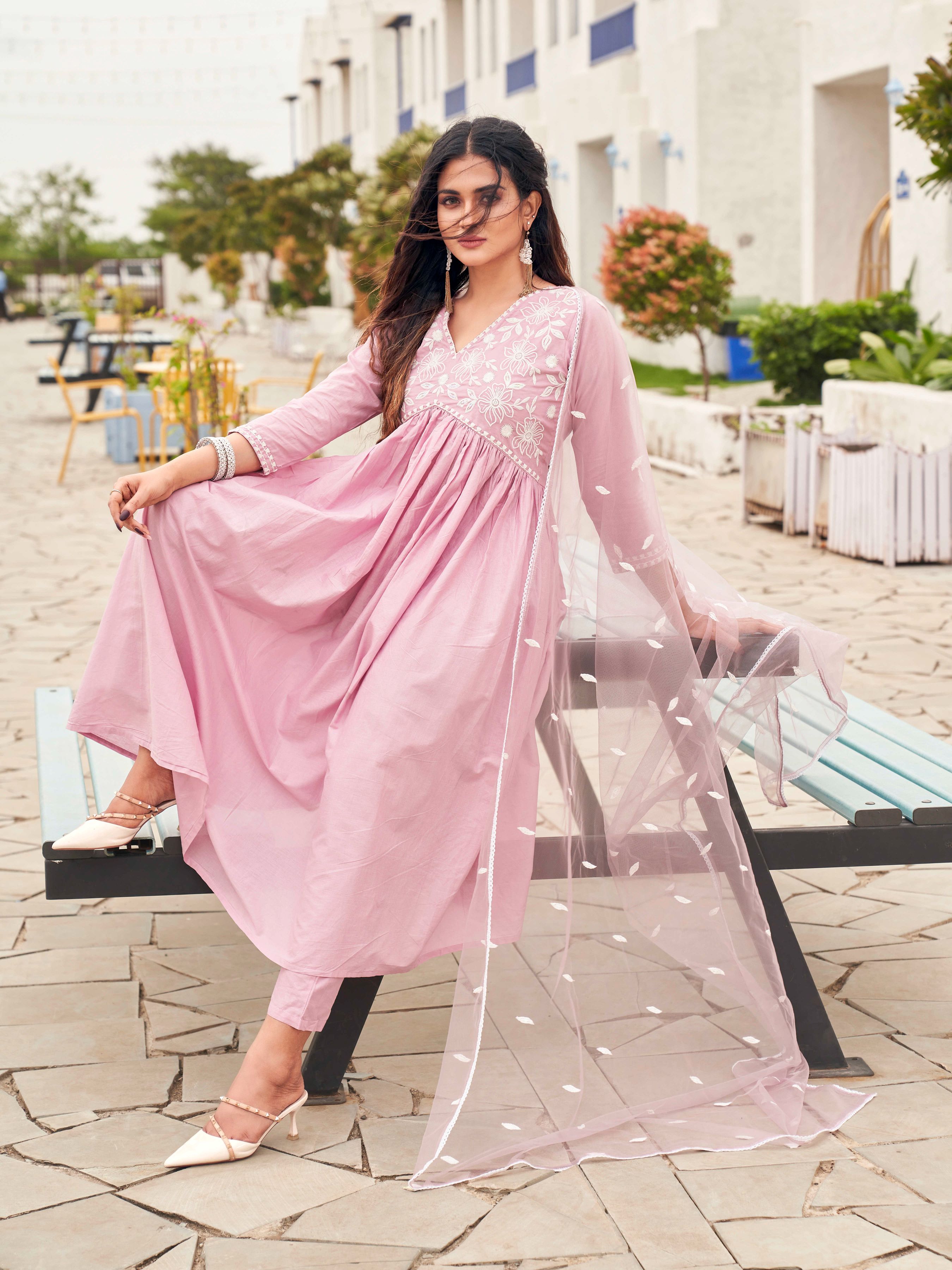 Embroidered Empire Pure Cotton Kurta With Trousers & Dupatta