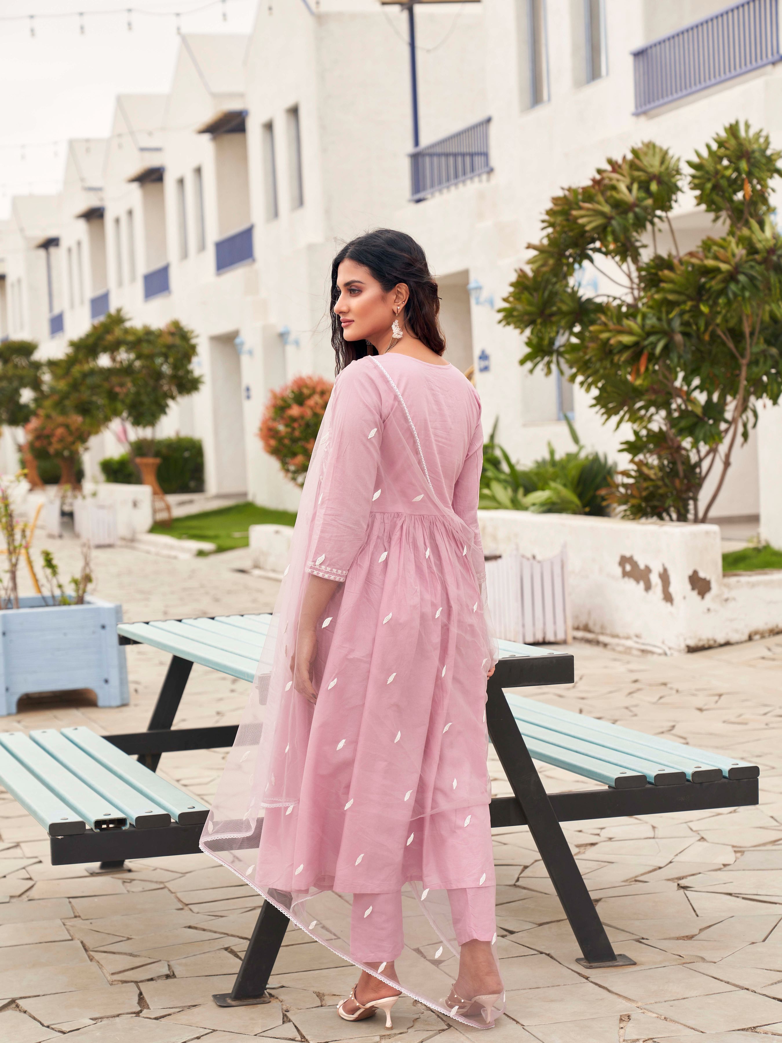 Embroidered Empire Pure Cotton Kurta With Trousers & Dupatta