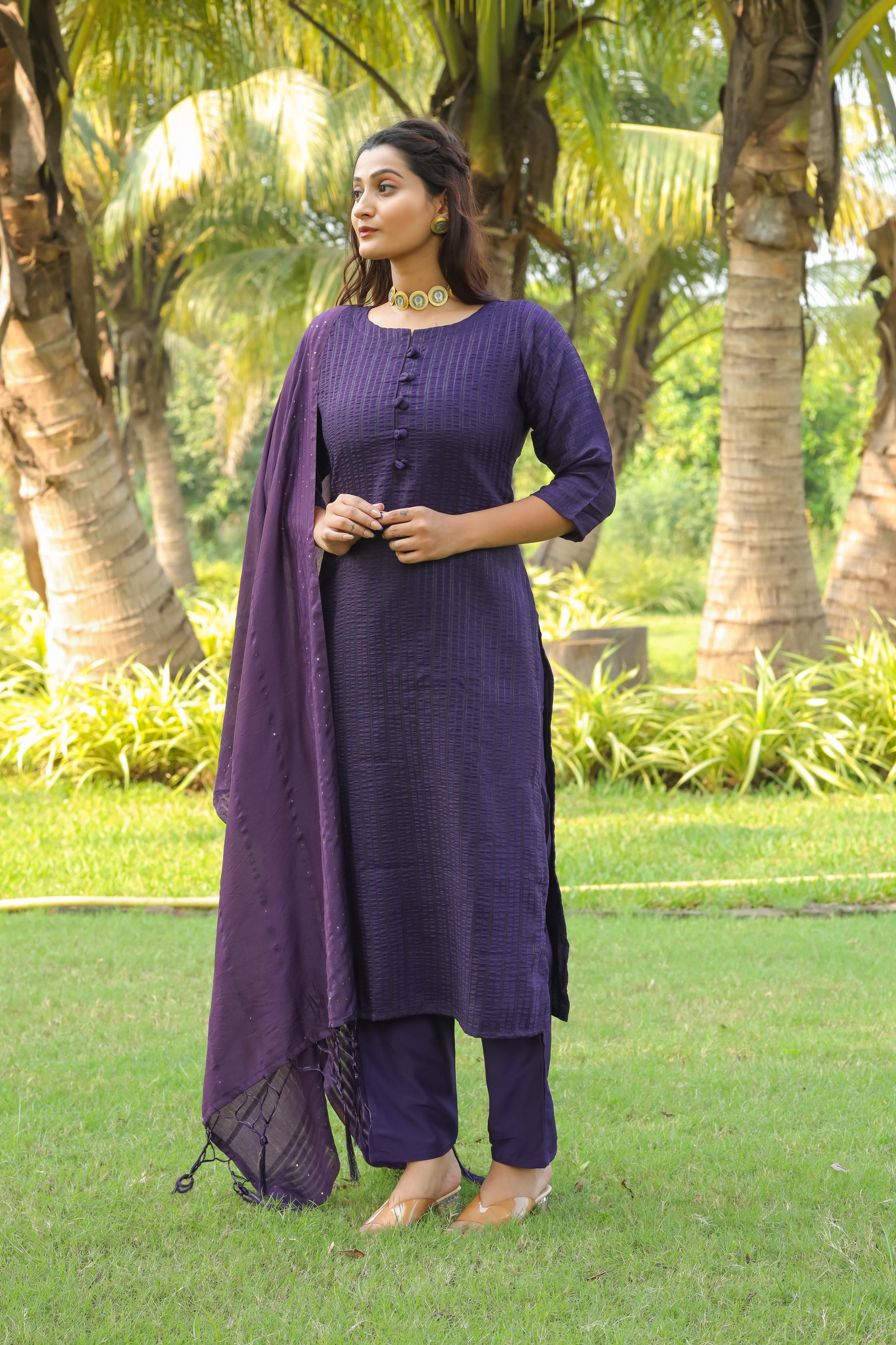 Purple Black Zari Work Kurta Set
