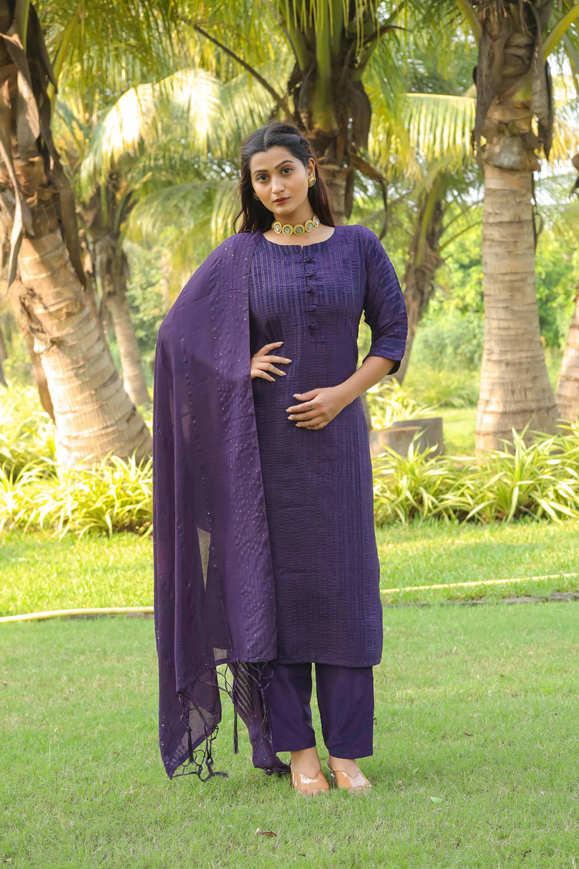 Purple Black Zari Work Kurta Set