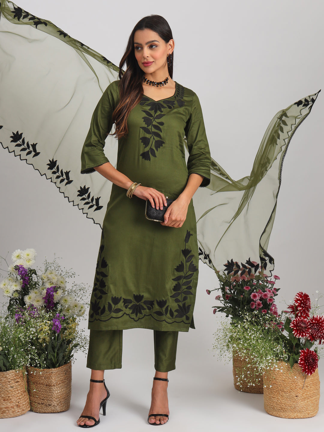Olive Green Floral Embroidered Straight Kurta With Trousers & Dupatta