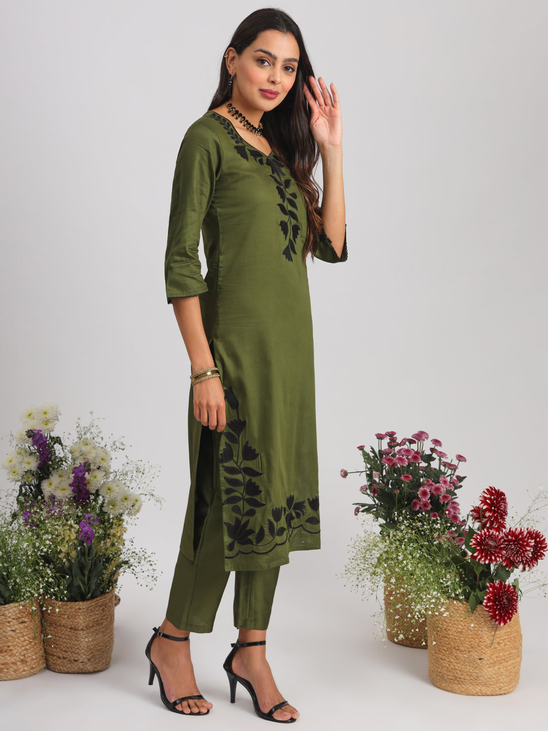 Olive Green Floral Embroidered Straight Kurta With Trousers & Dupatta