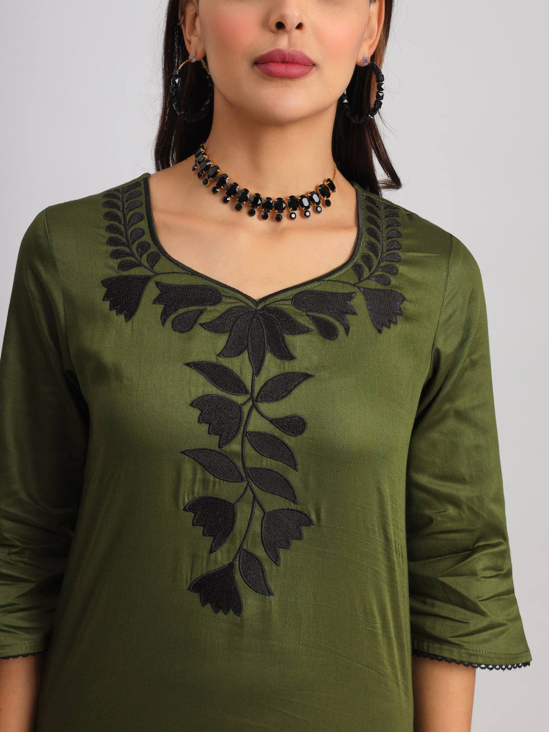 Olive Green Floral Embroidered Straight Kurta With Trousers & Dupatta
