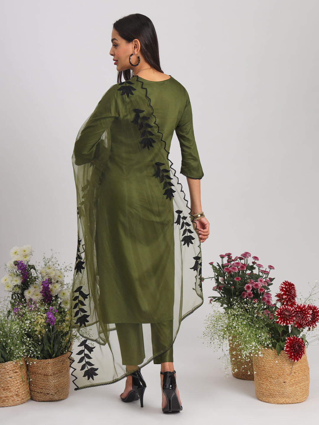 Olive Green Floral Embroidered Straight Kurta With Trousers & Dupatta