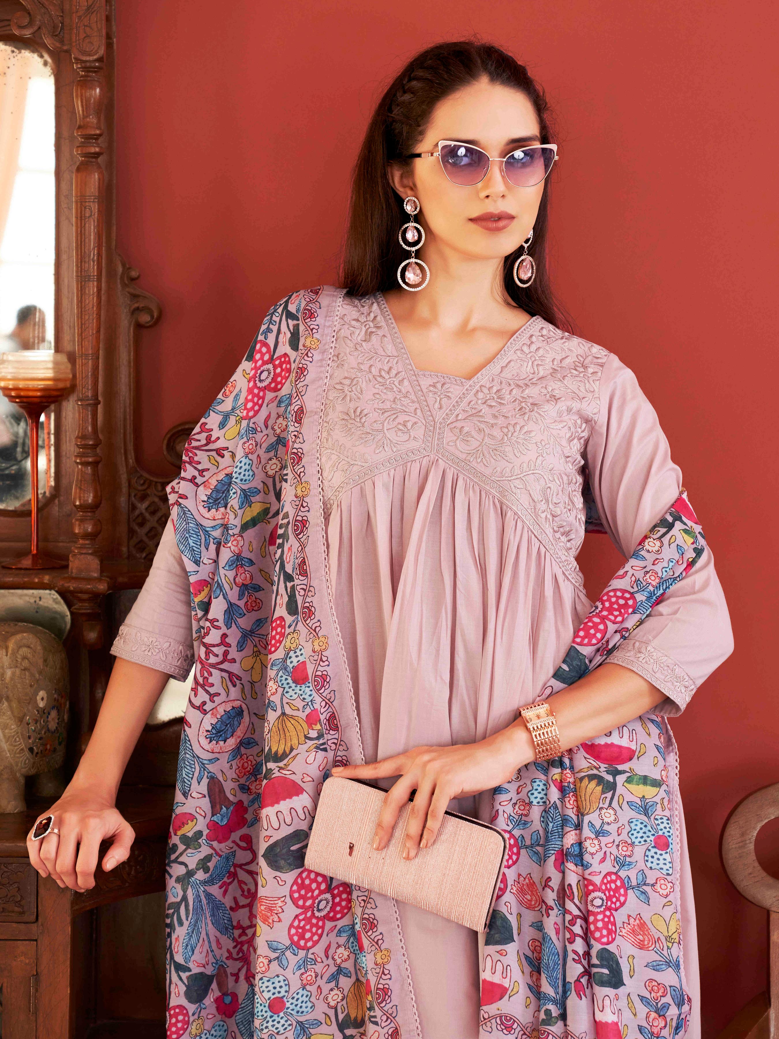 Rose Pink Color Cotton Cambric Tonal Thread Embroidered Alia Cut Flared Kurta Set