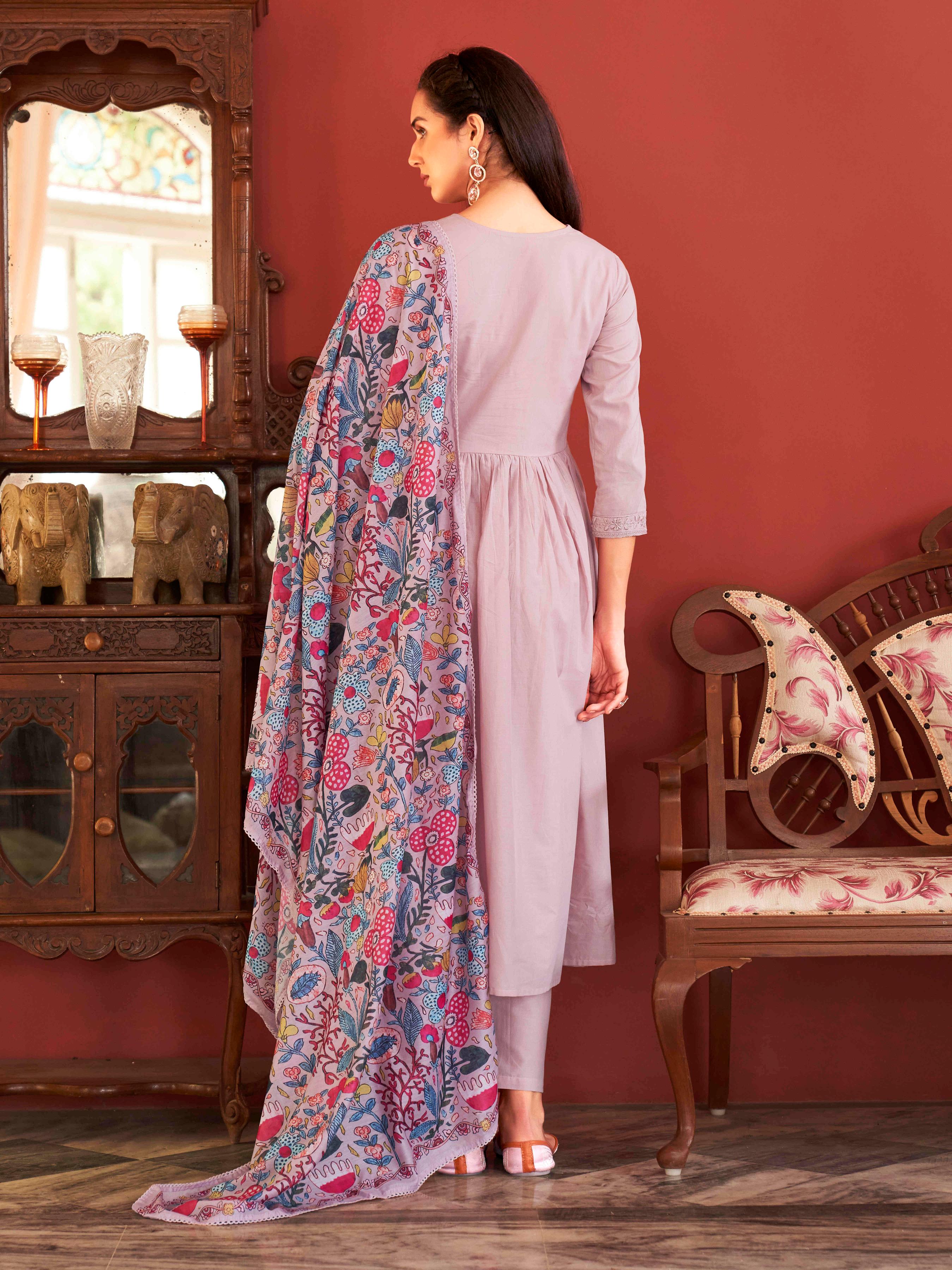 Rose Pink Color Cotton Cambric Tonal Thread Embroidered Alia Cut Flared Kurta Set