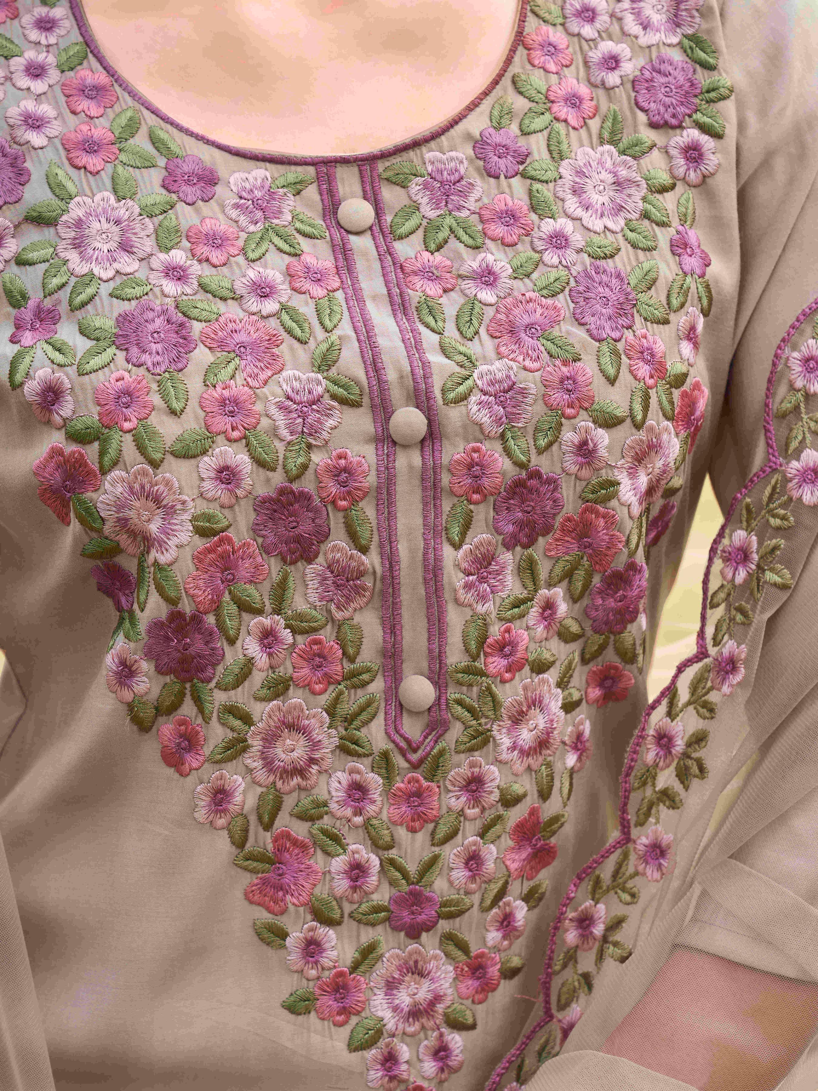 Taupe Colored Silk Blend Multi Thread Embroidered Straight Cut Kurta Set