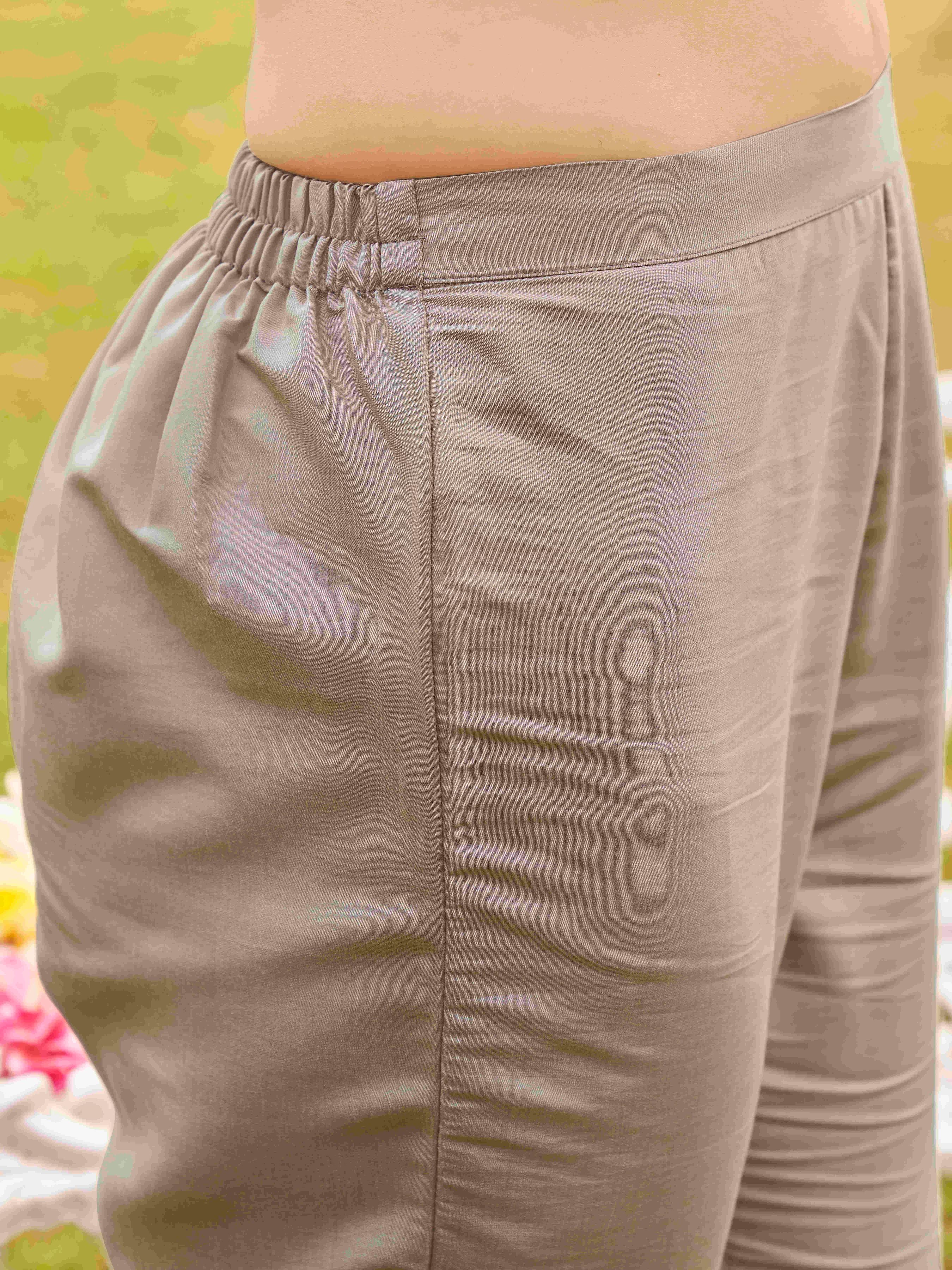 Taupe Colored Silk Blend Multi Thread Embroidered Straight Cut Kurta Set