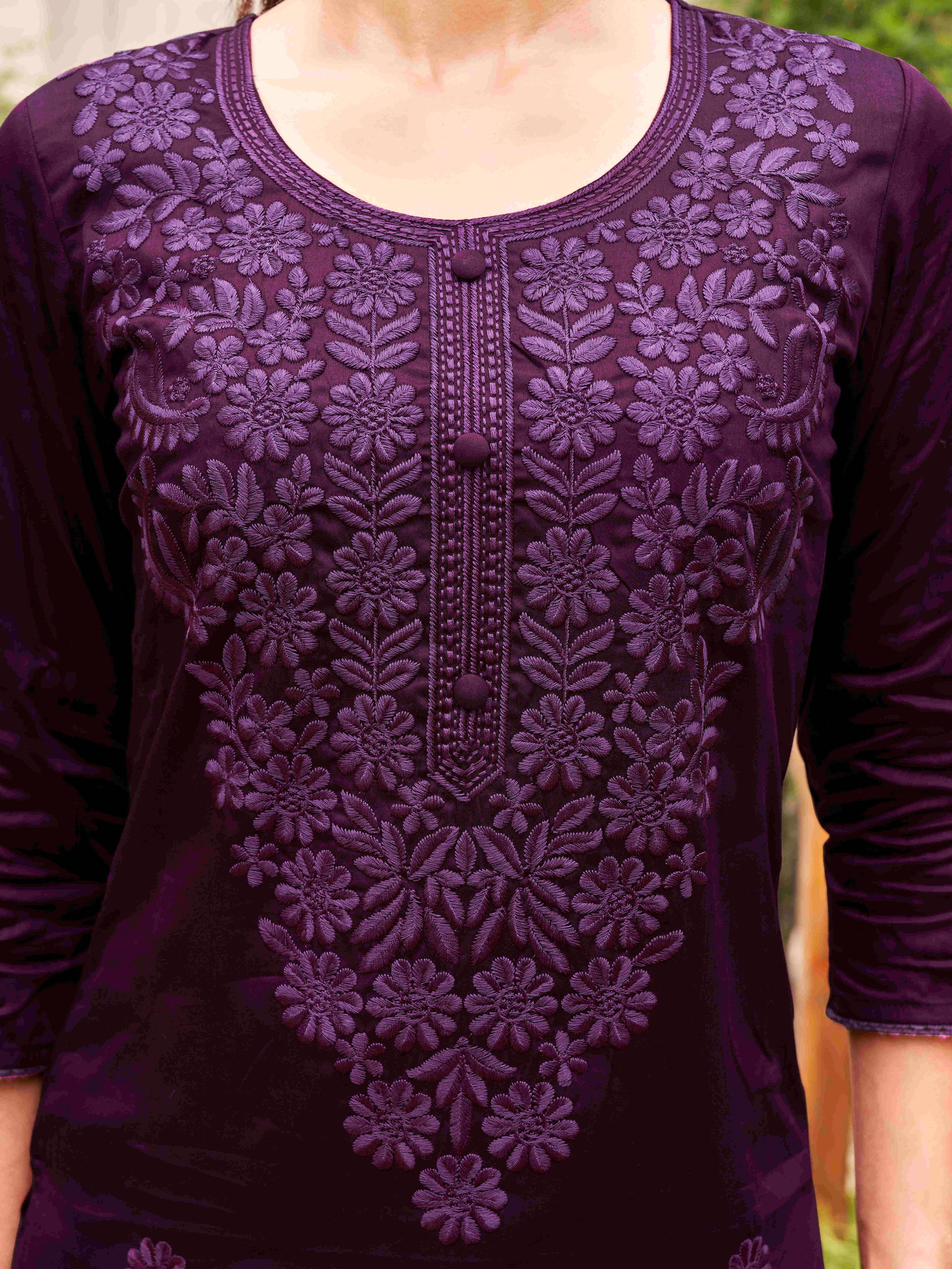 Wine Silk Blend Tonal Thread Embroidered Straight Cut Kurta Set