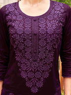 Wine Silk Blend Tonal Thread Embroidered Straight Cut Kurta Set