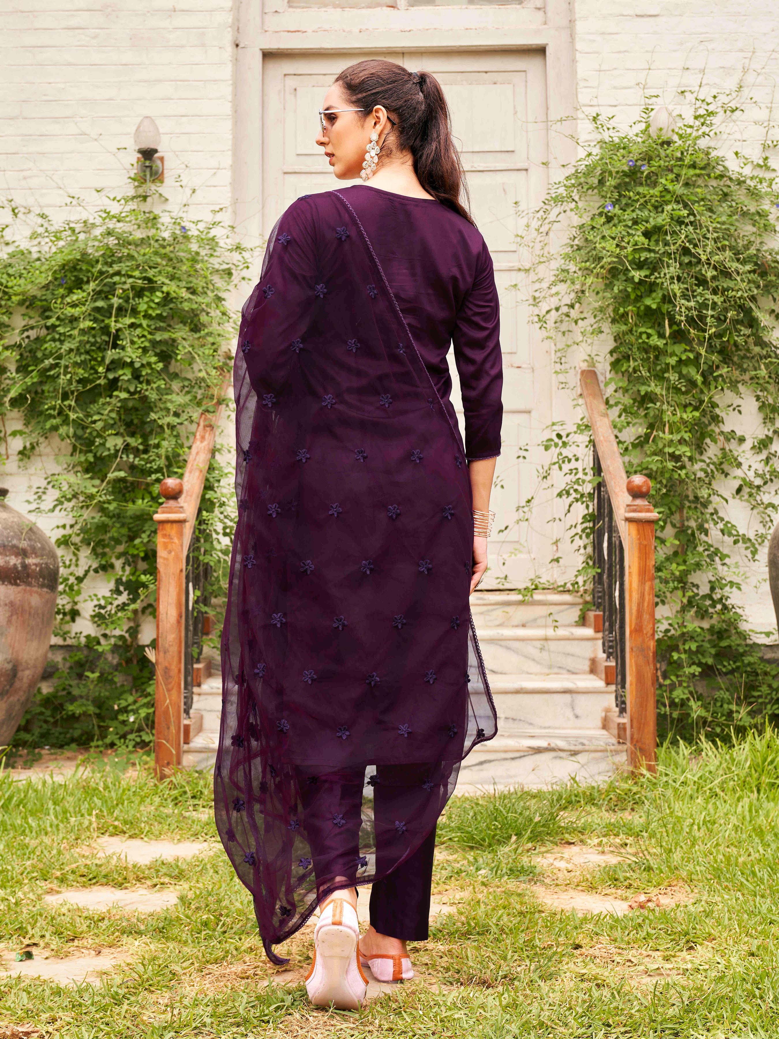 Wine Silk Blend Tonal Thread Embroidered Straight Cut Kurta Set
