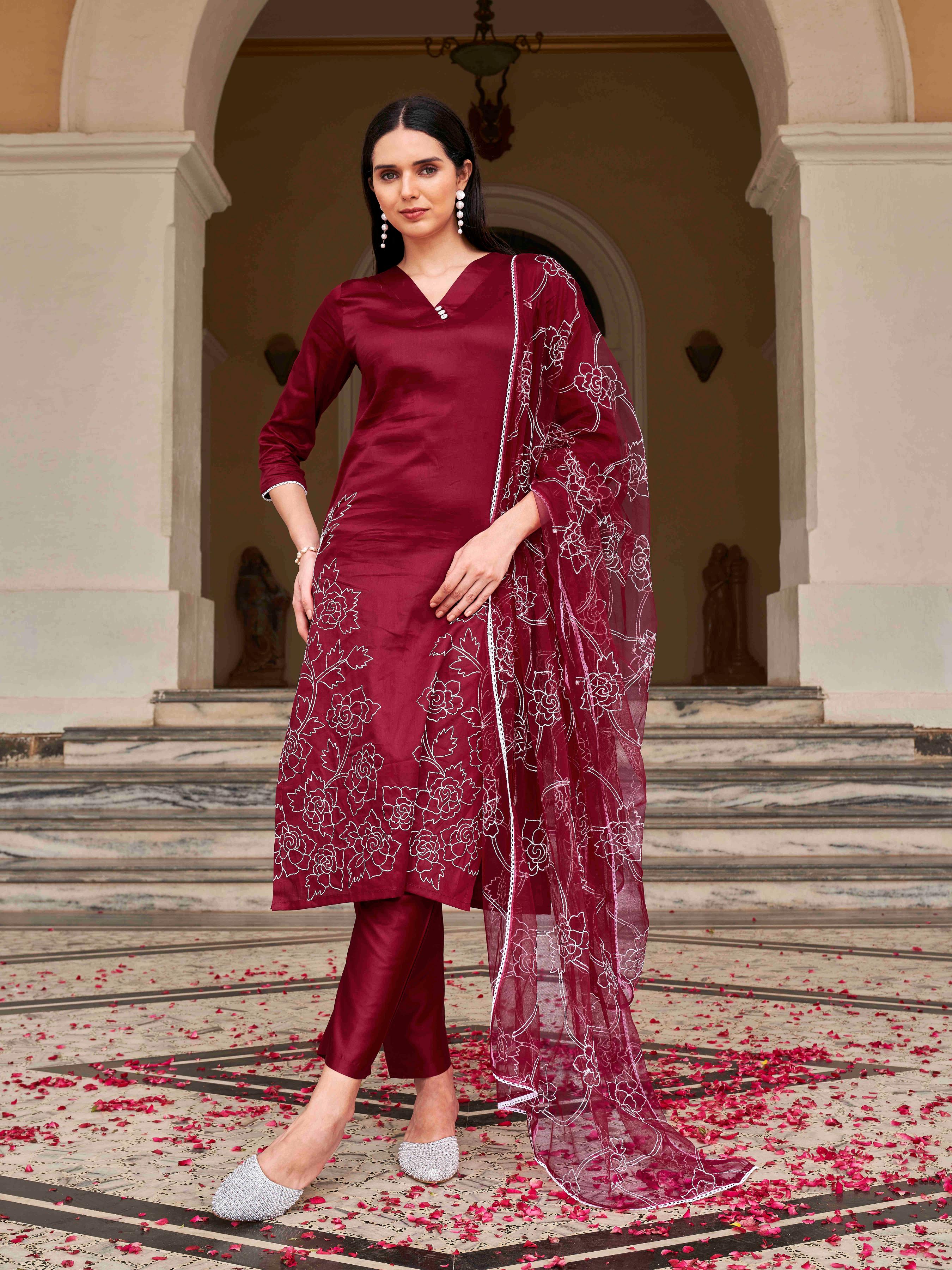 Maroon Colored Cotton Blend White Thready Embroidered Work Kurta Set