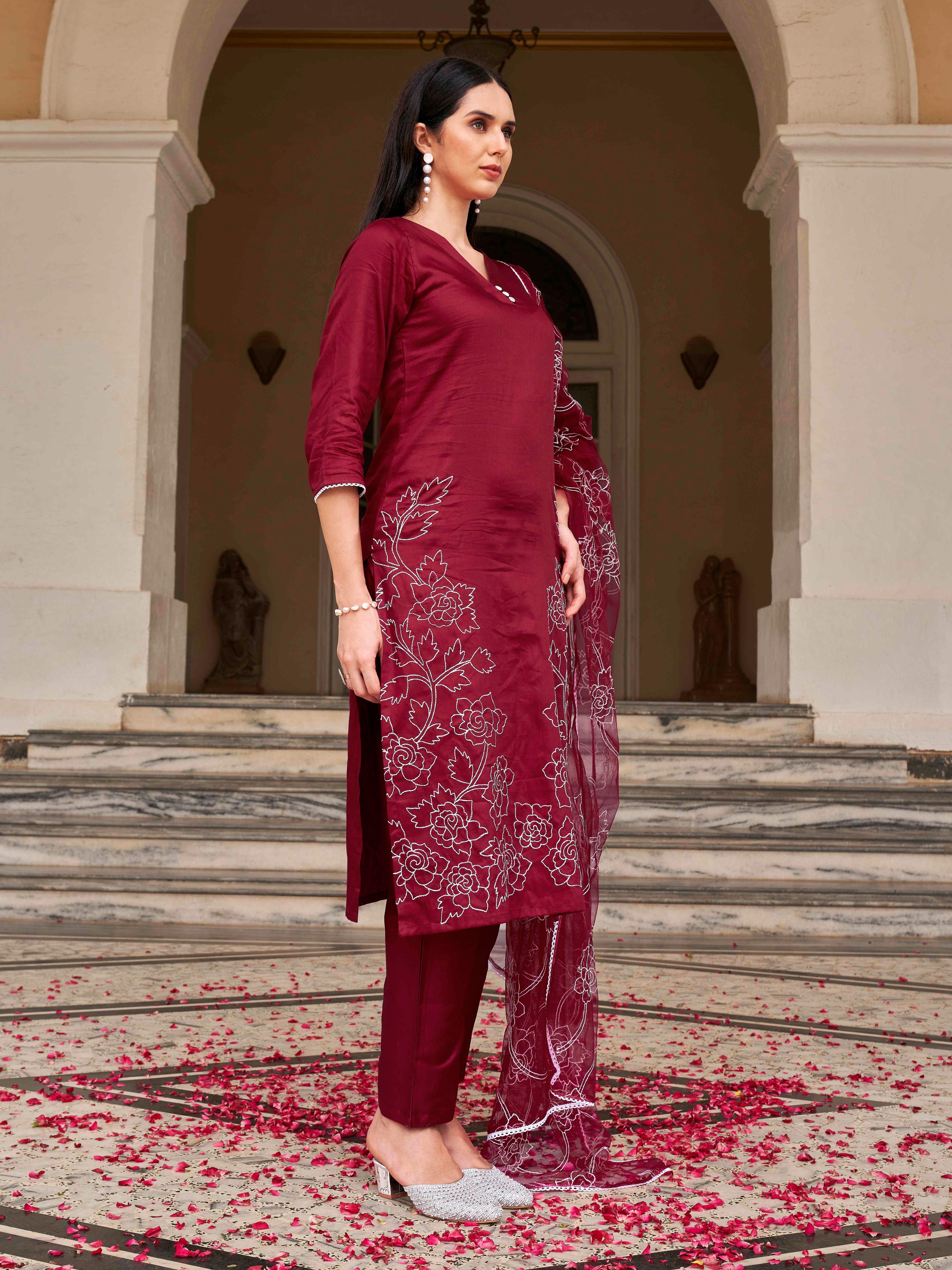 Maroon Colored Cotton Blend White Thready Embroidered Work Kurta Set