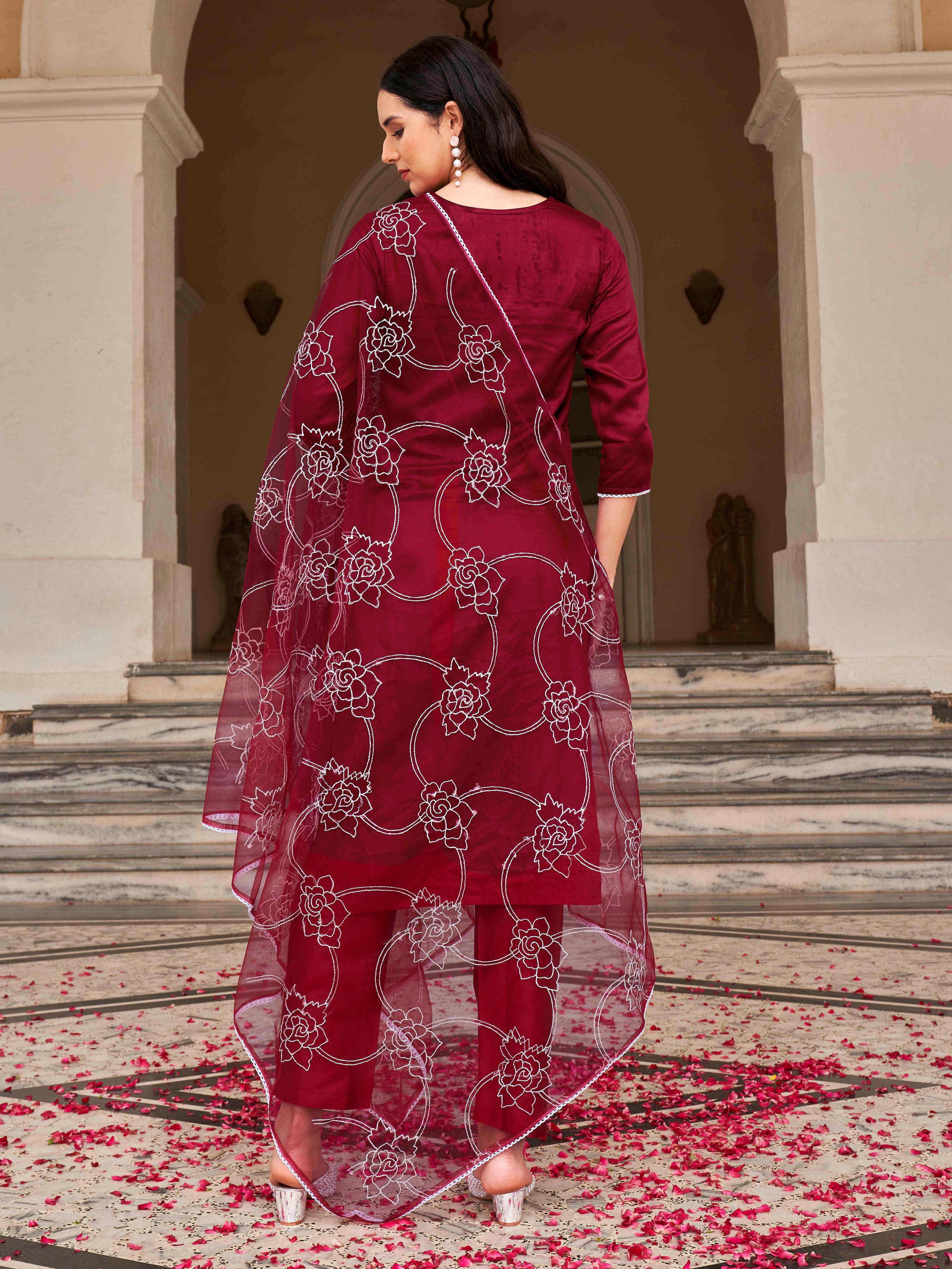 Maroon Colored Cotton Blend White Thready Embroidered Work Kurta Set