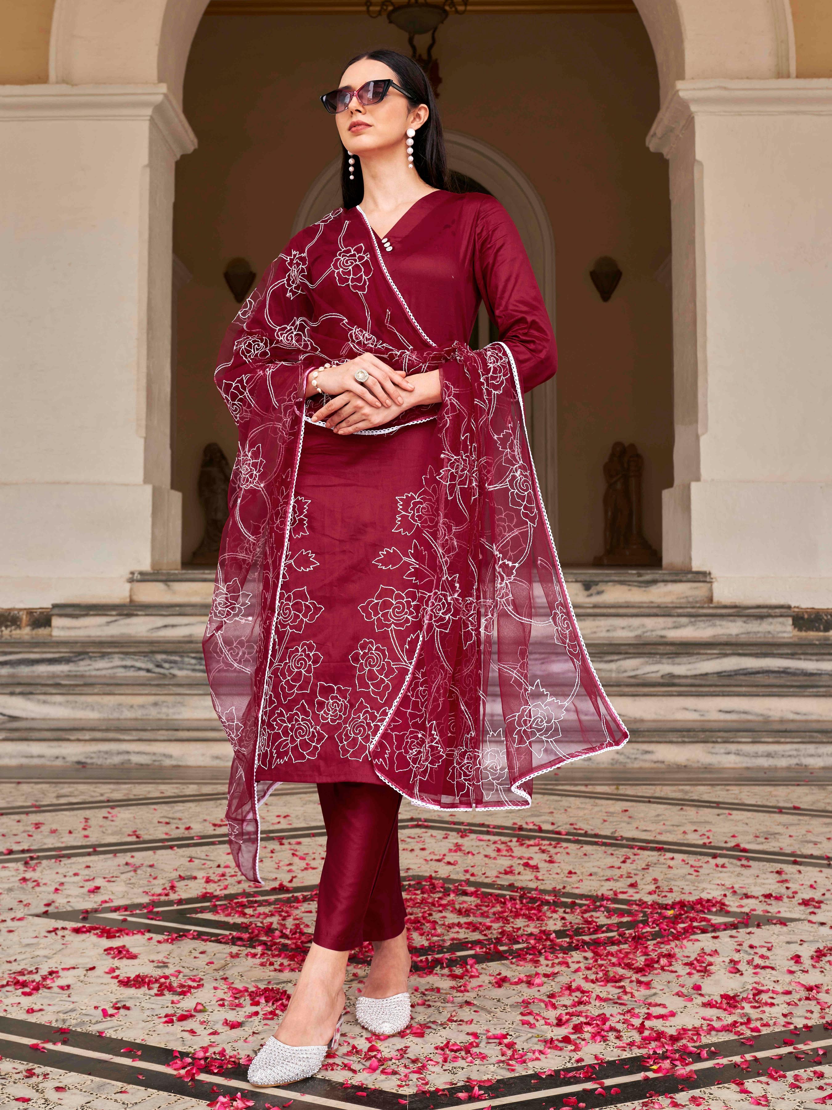 Maroon Colored Cotton Blend White Thready Embroidered Work Kurta Set
