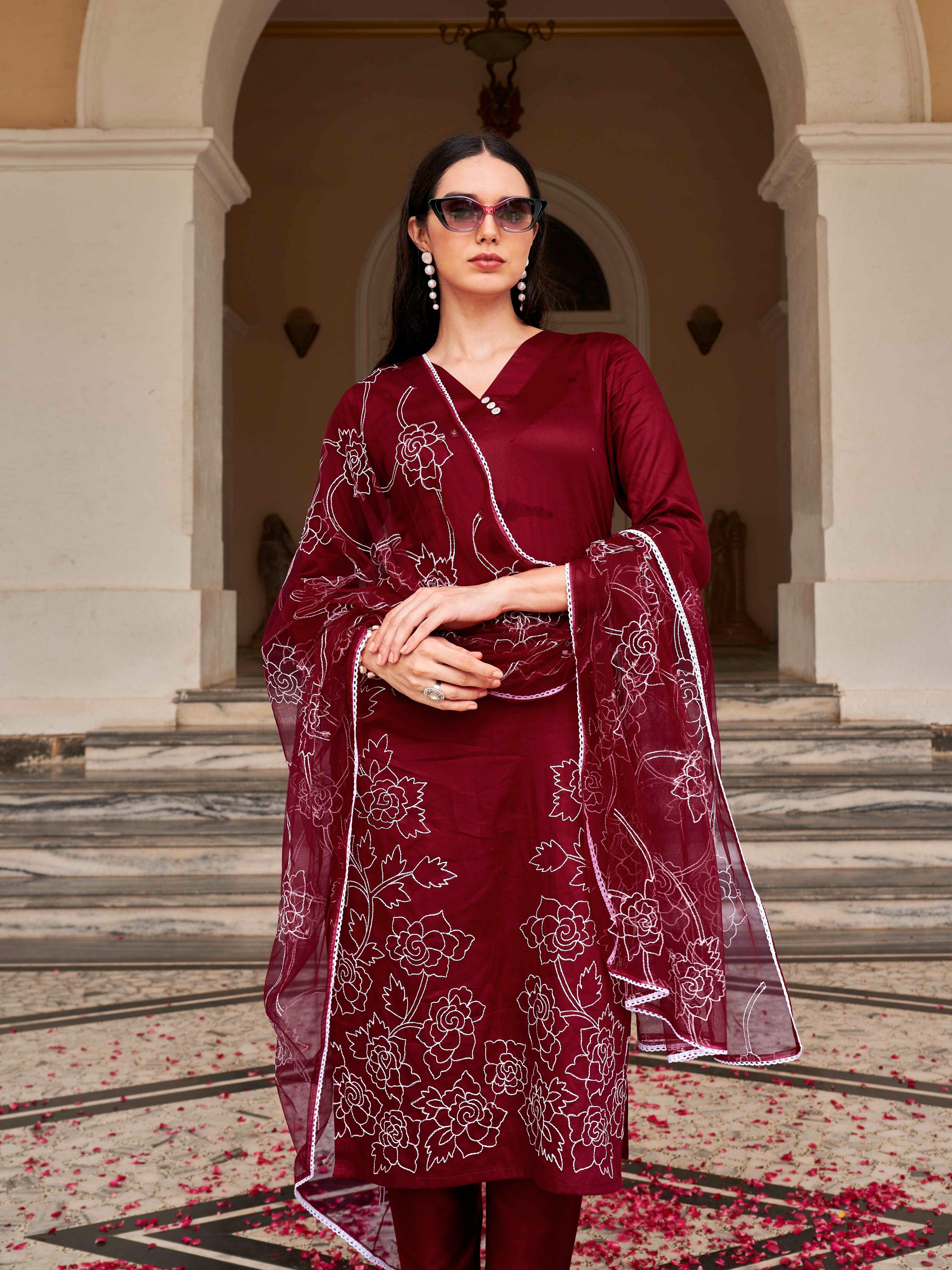 Maroon Colored Cotton Blend White Thready Embroidered Work Kurta Set