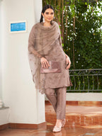 Brown Color Silk Blend mirror work embroidered kurta set