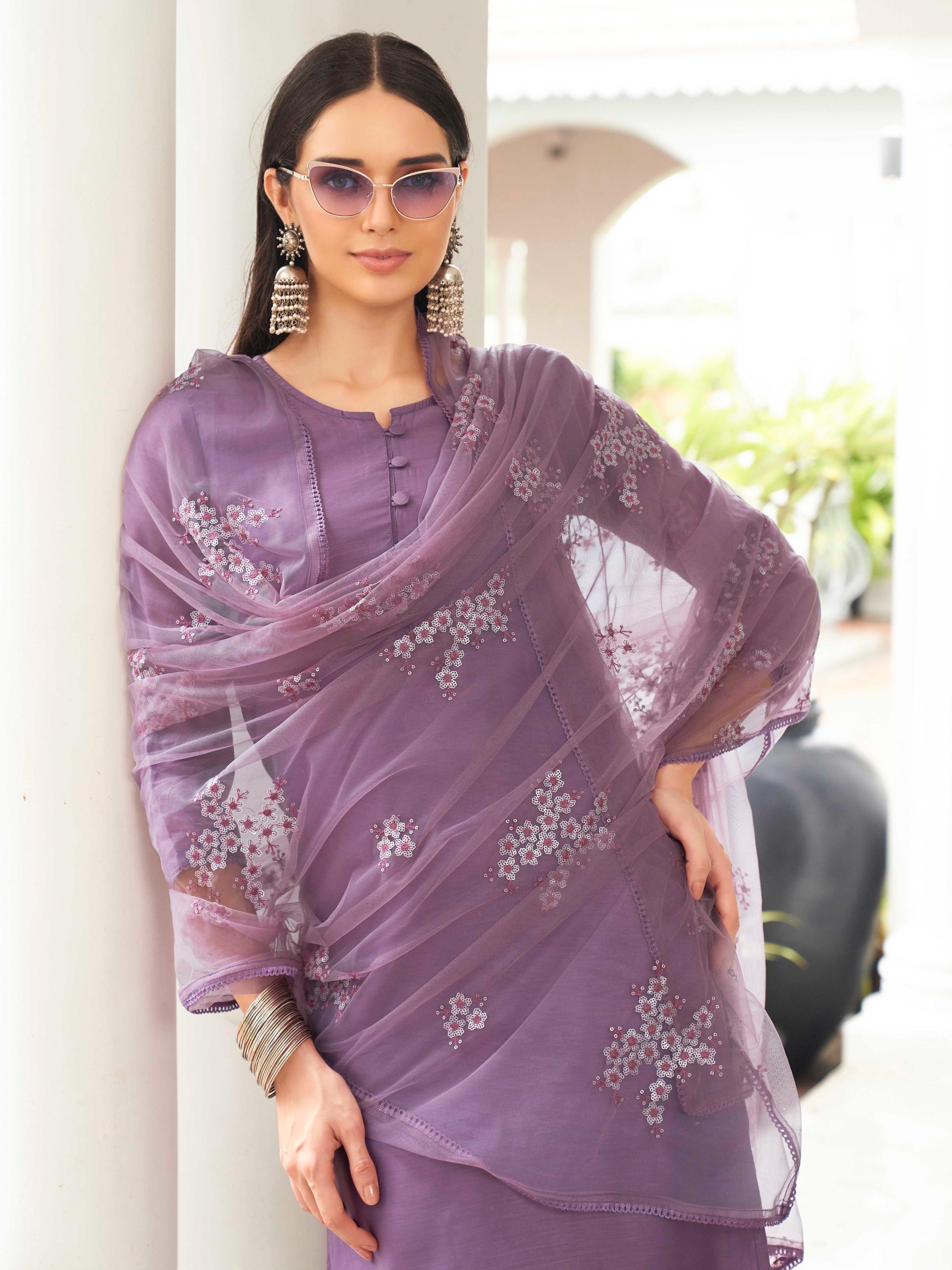 Purple Color Silk Blend Solid Kurta Set With Embroidered Dupatta