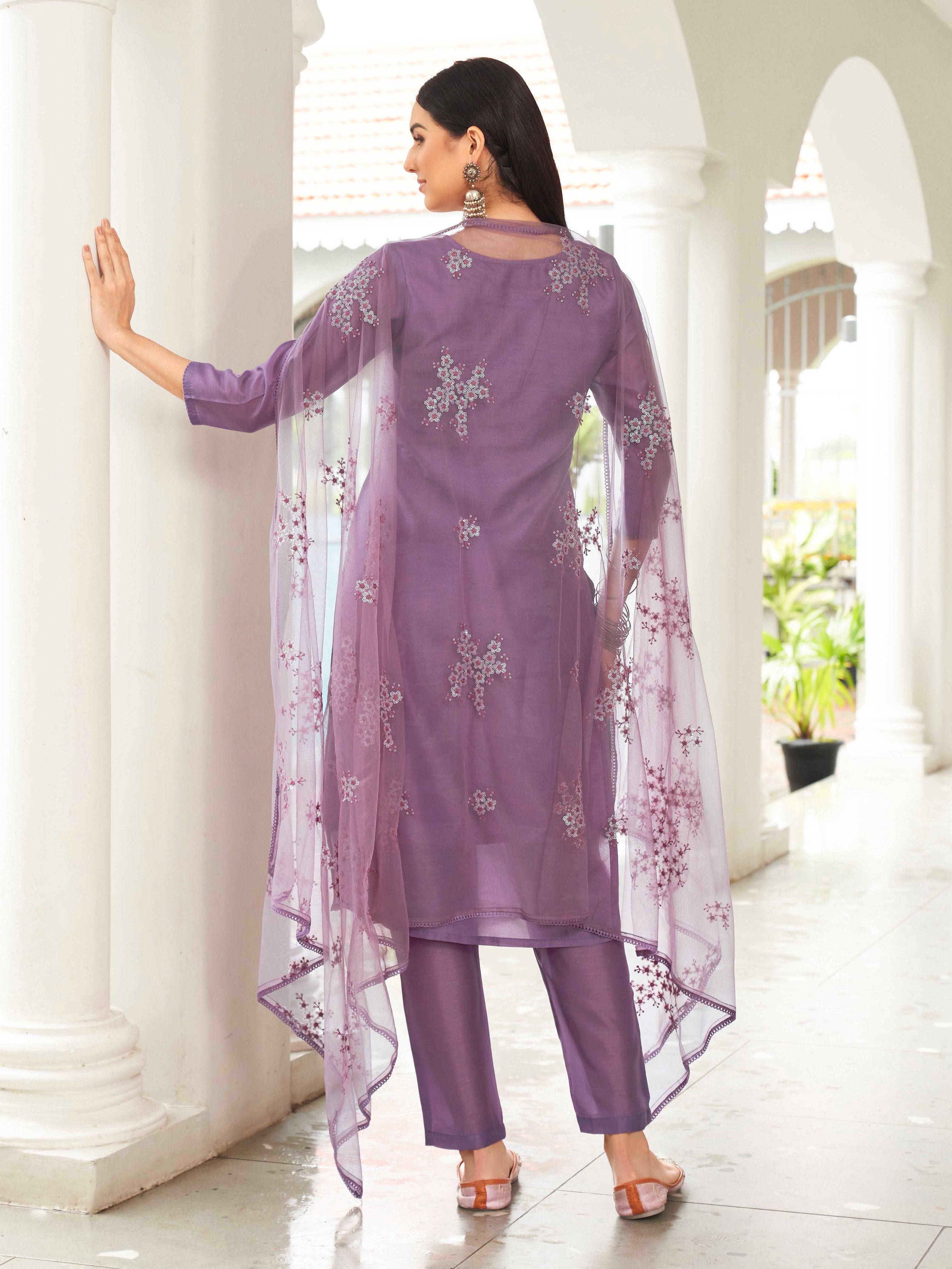Purple Color Silk Blend Solid Kurta Set With Embroidered Dupatta